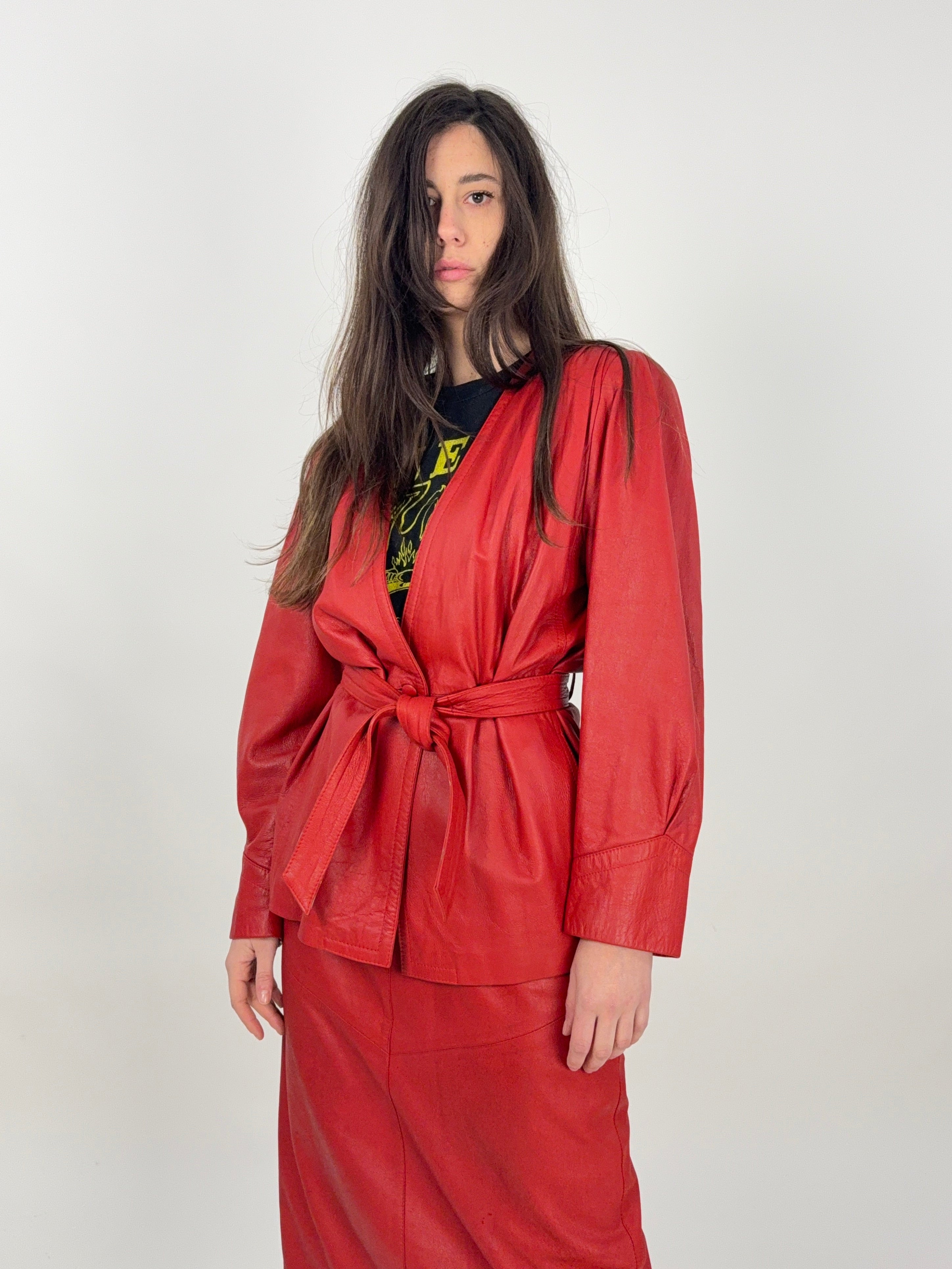 Completo anni '80 - Giacca e Gonna in Vera Pelle Rossa - Set Coordinato