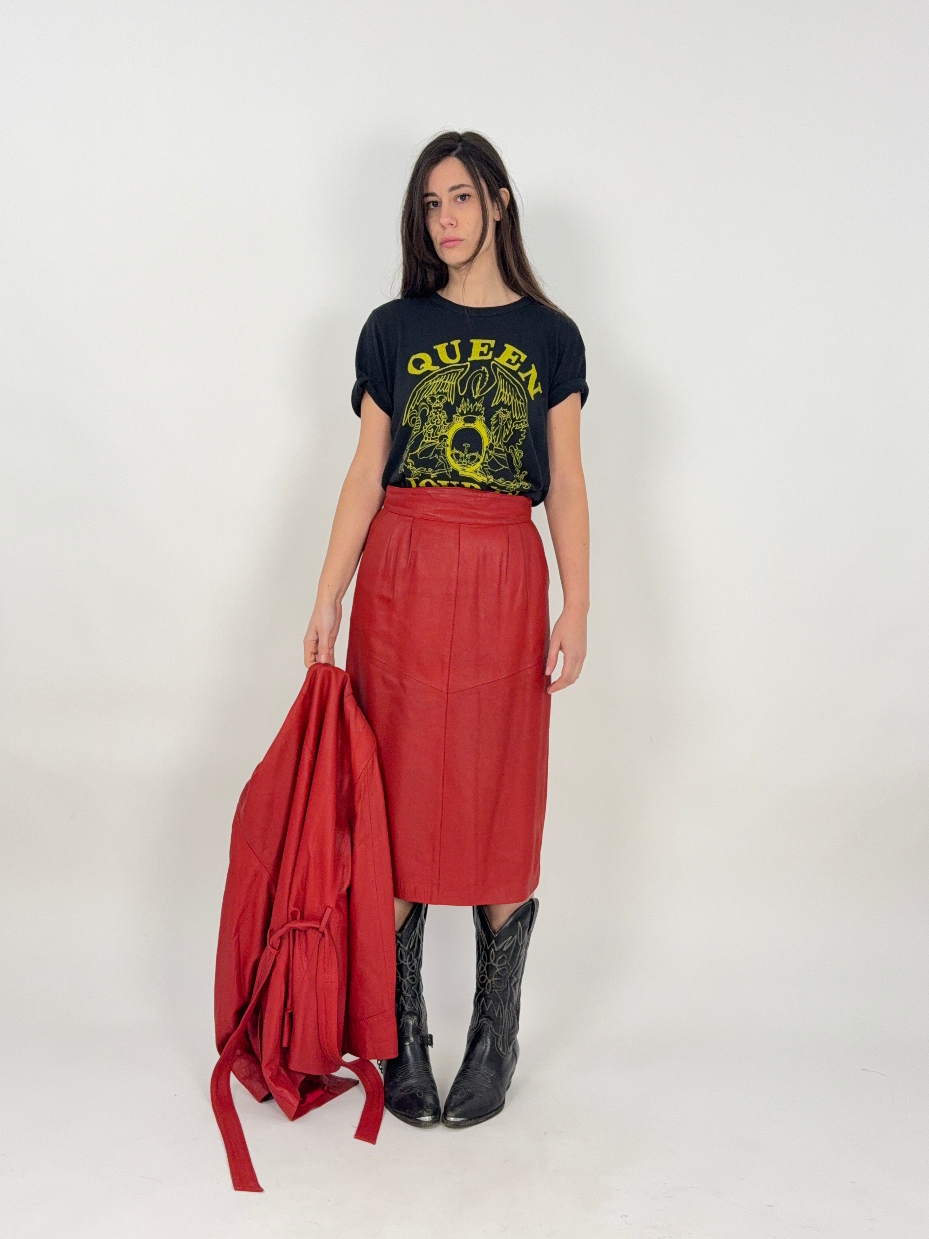 Completo anni '80 - Giacca e Gonna in Vera Pelle Rossa - Set Coordinato