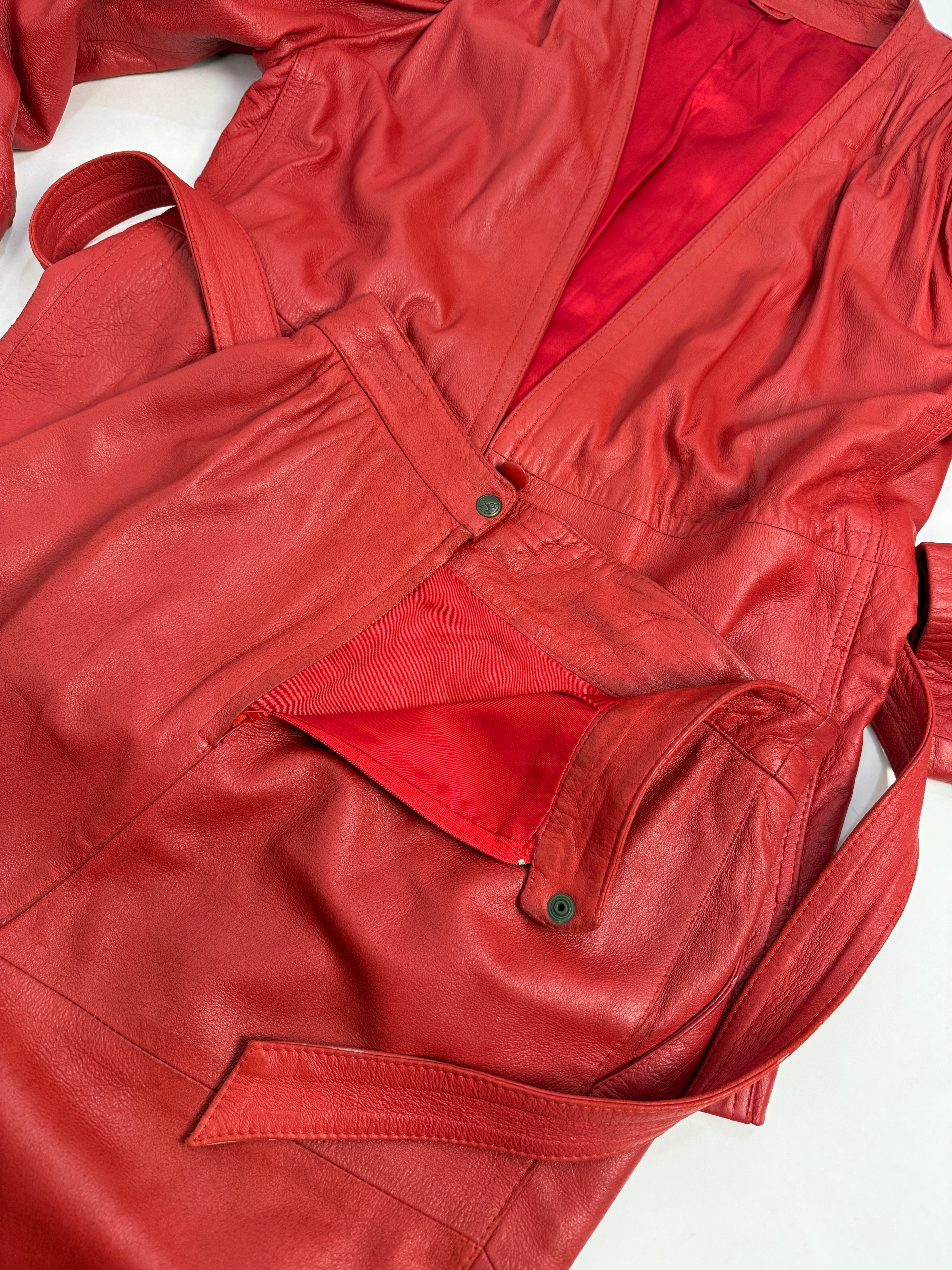 Completo anni '80 - Giacca e Gonna in Vera Pelle Rossa - Set Coordinato