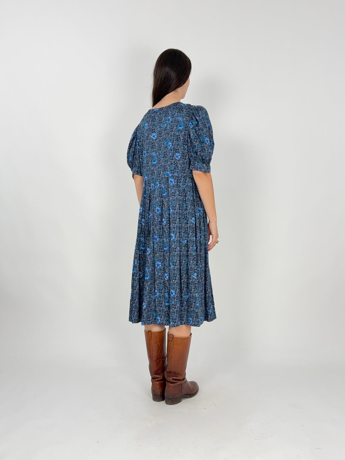 Abito Vintage Artigianale Folk Paisley Blu Bottoni a Cuore - Taglia L