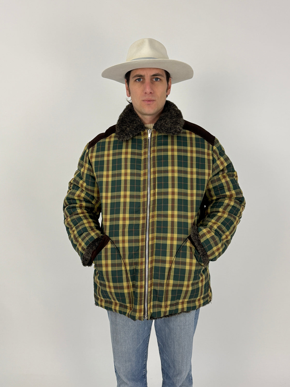 Giacca Reversibile Anni '70 Tartan ed Ecopelliccia - Taglia L
