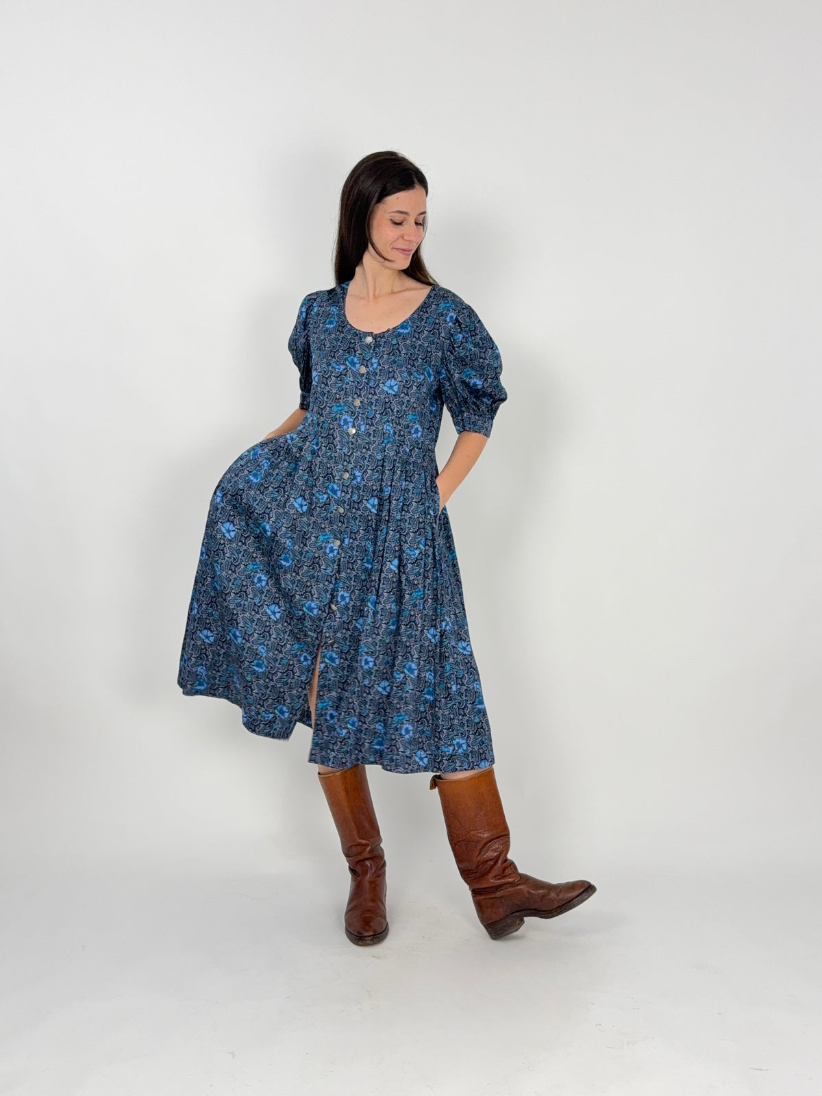 Abito Vintage Artigianale Folk Paisley Blu Bottoni a Cuore - Taglia L