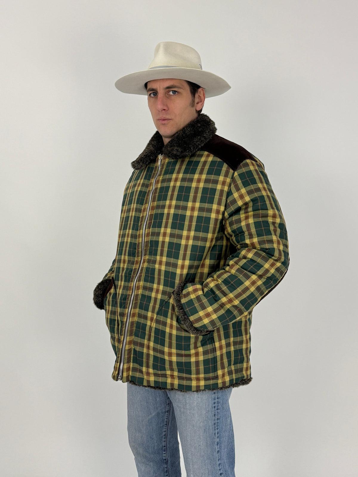 Giacca Reversibile Anni '70 Tartan ed Ecopelliccia - Taglia L