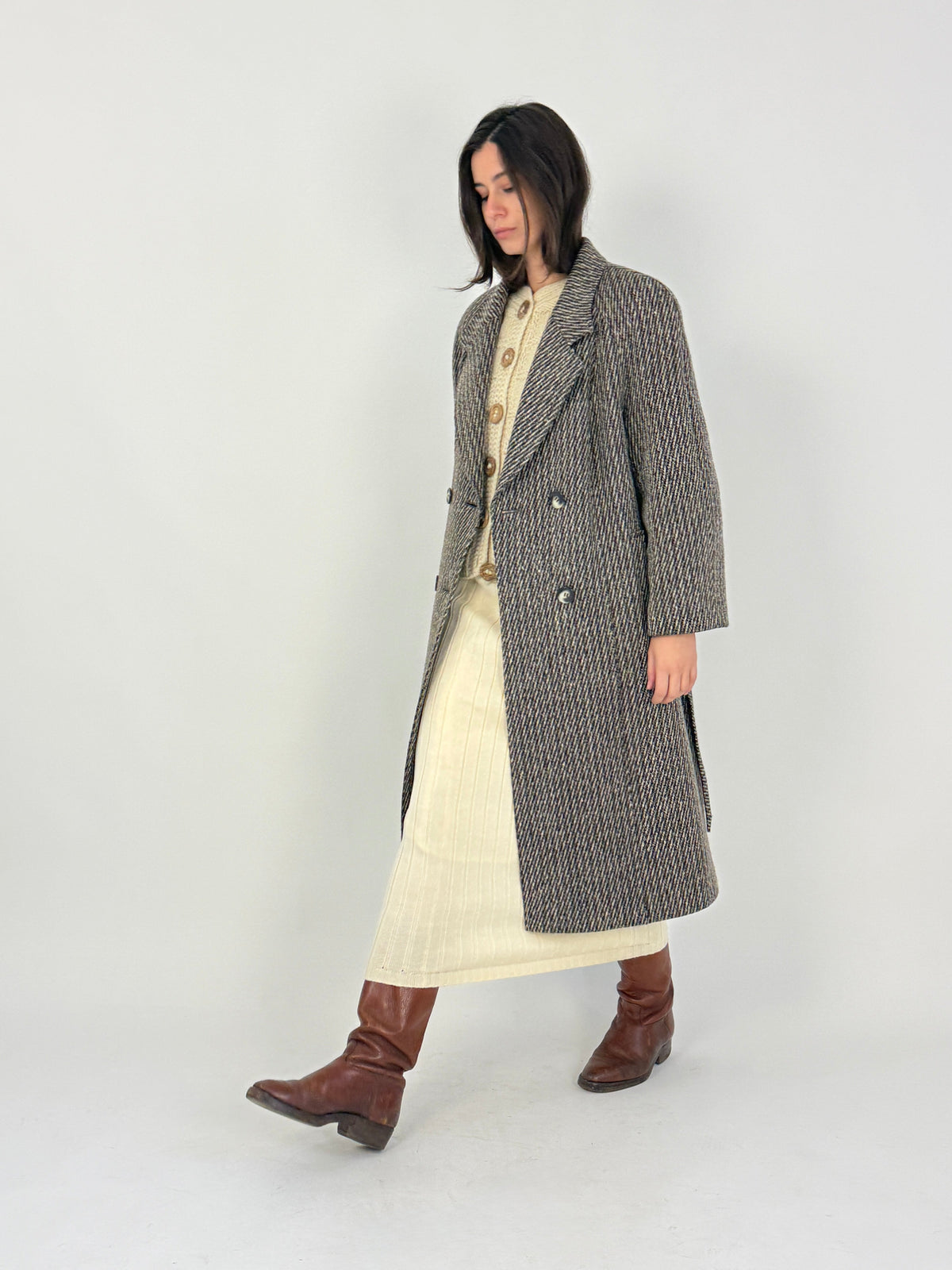 Cappotto lungo doppiopetto vintage con cintura - Taglia L