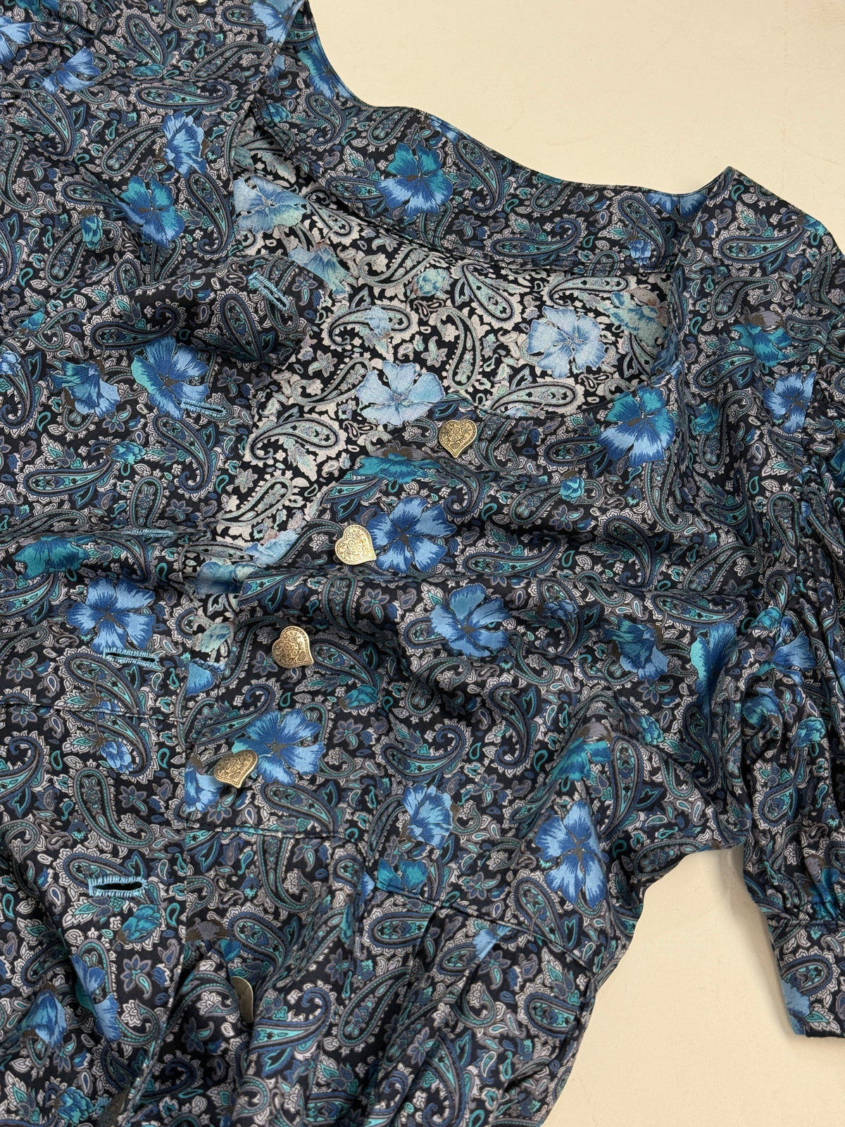 Abito Vintage Artigianale Folk Paisley Blu Bottoni a Cuore - Taglia L