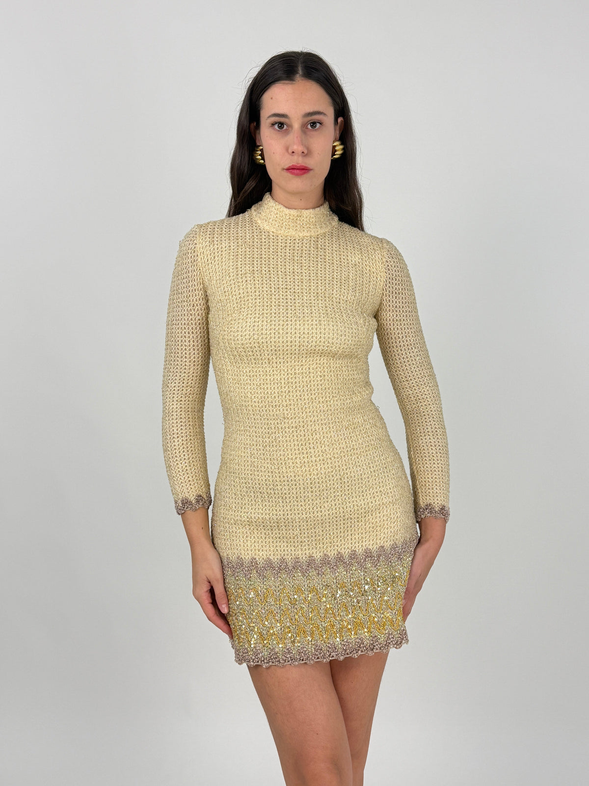 Abito Mini Anni '70 Maglia Lurex Dorata con Paillettes - Taglia S