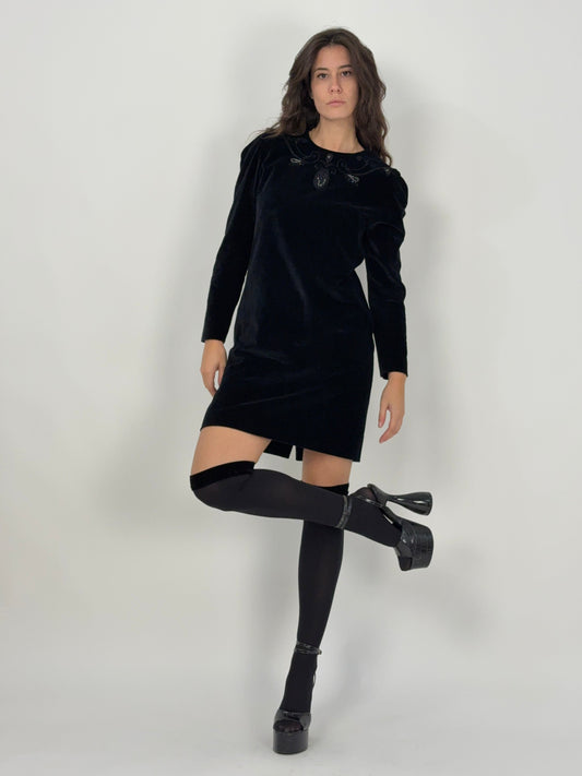 Abito corto in velluto e perline anni '70