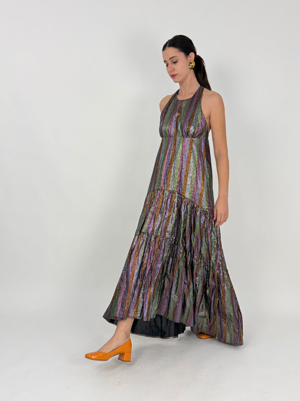 Abito Lungo in Lurex a Righe Multicolore - Taglia M