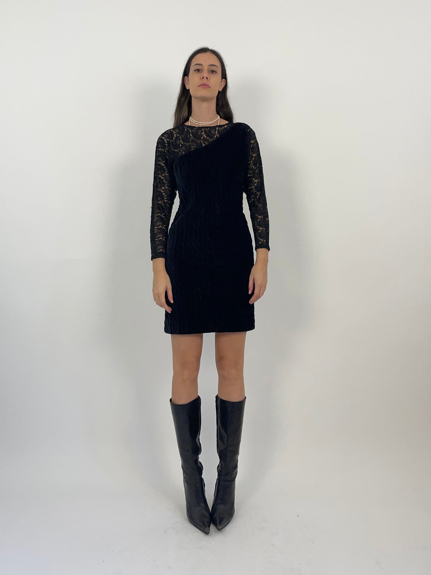 1980s lace and velvet sheath dress