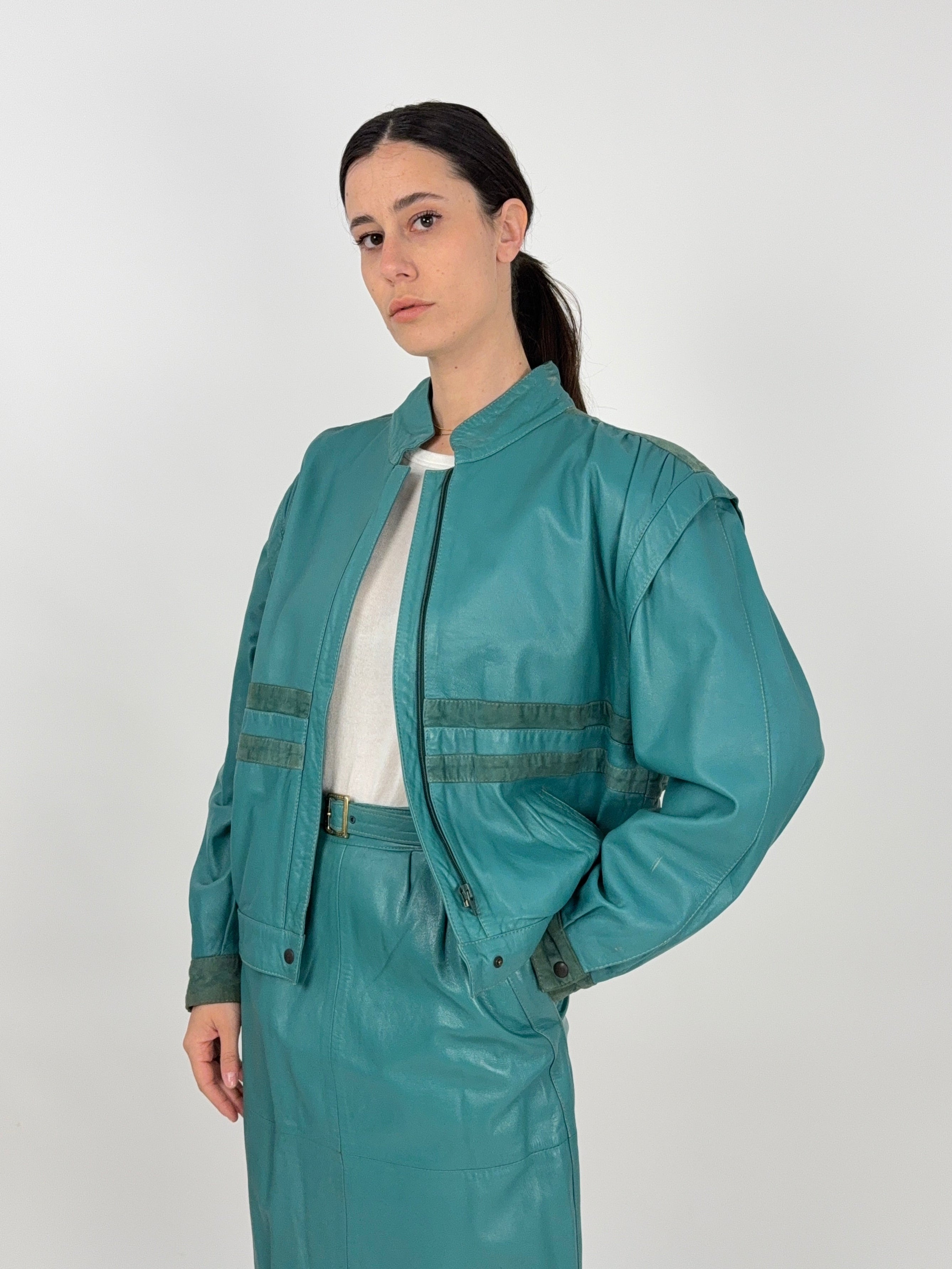 Bomber anni '80 in vera pelle - Verde Acqua