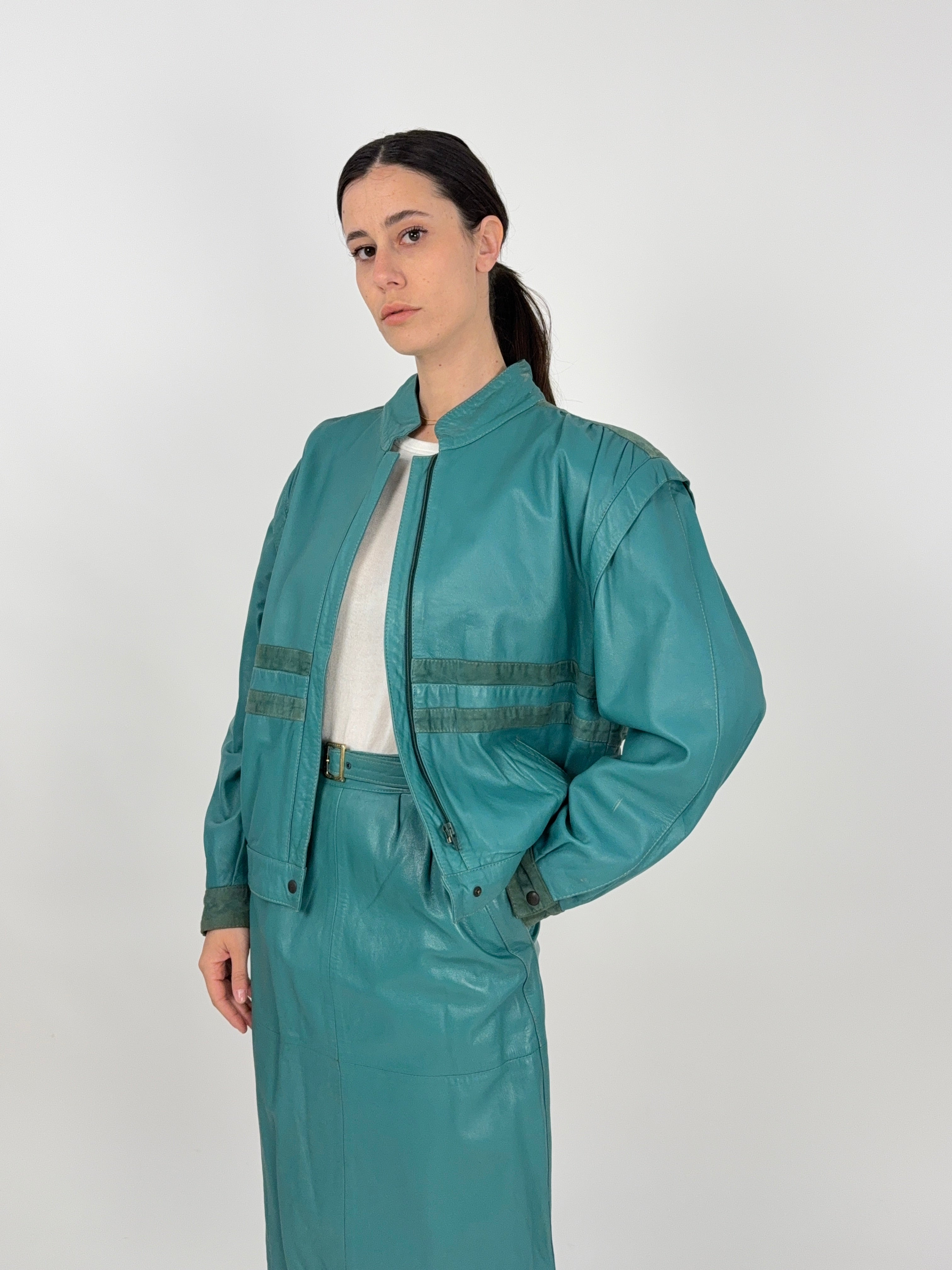 Bomber anni '80 in vera pelle - Verde Acqua