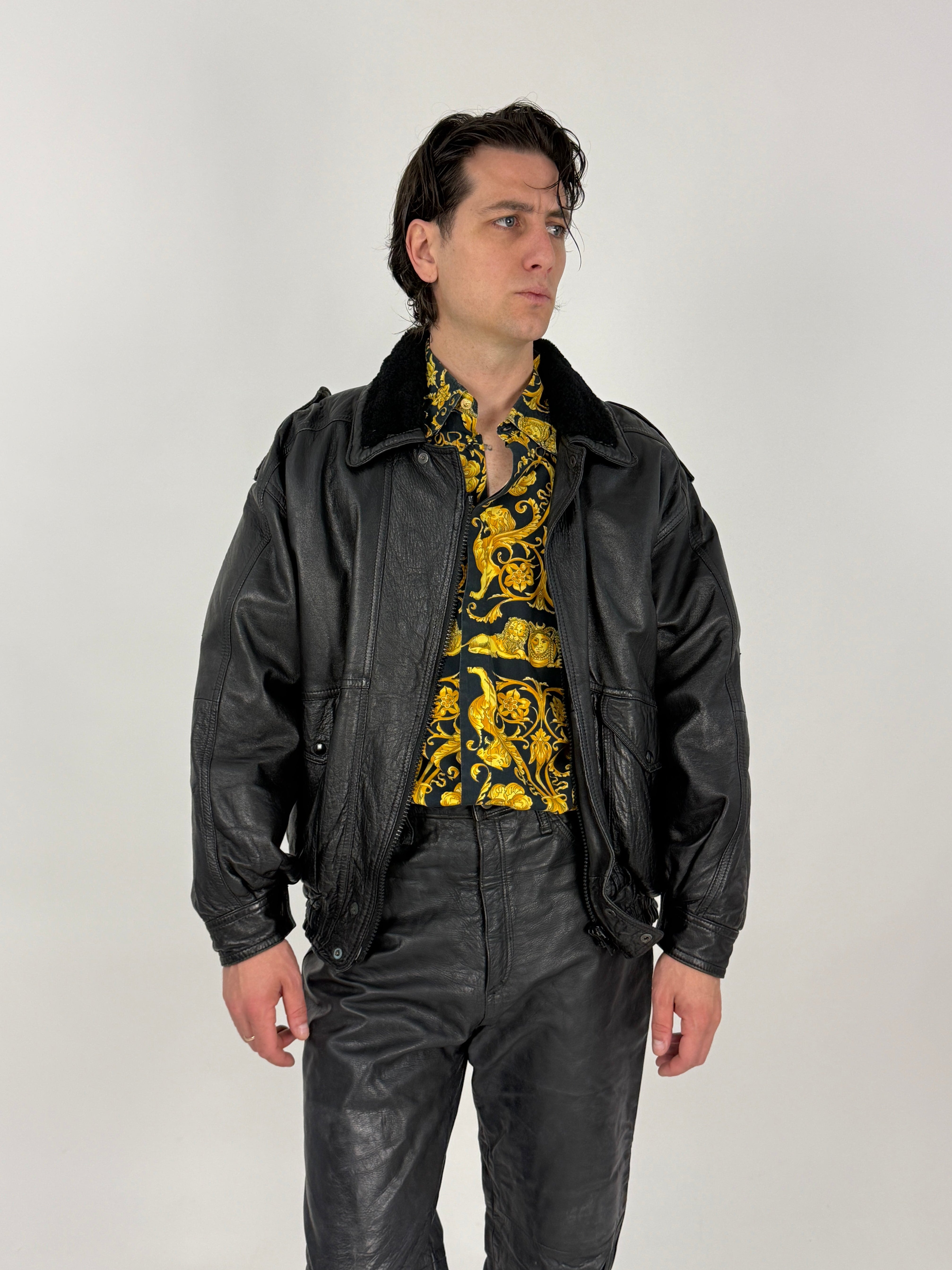 Bomber in Pelle Nera Vintage Anni '80 - Taglia L