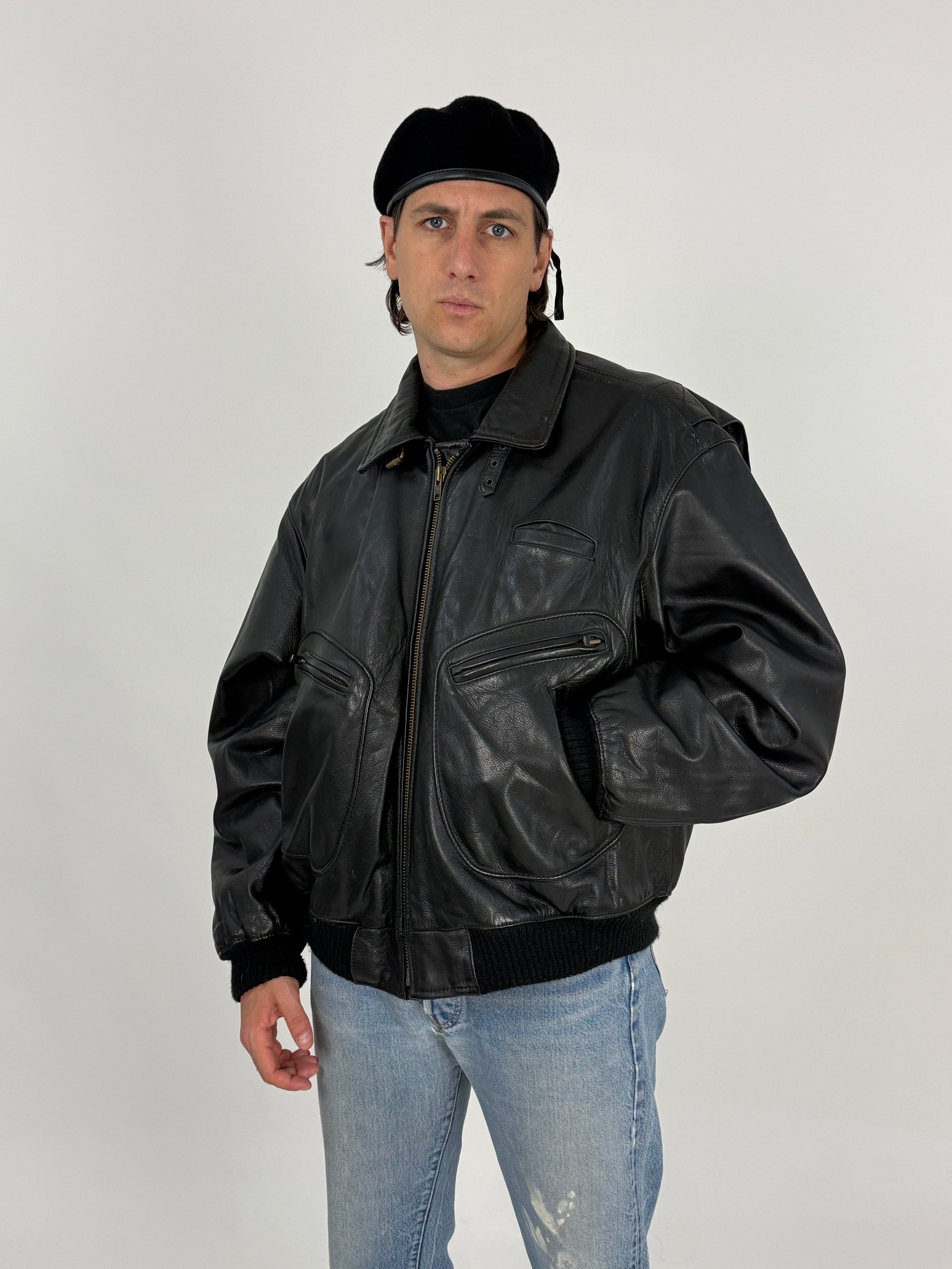 Bomber Trussardi Action Pelle Nera Anni '80 - Taglia L/XL