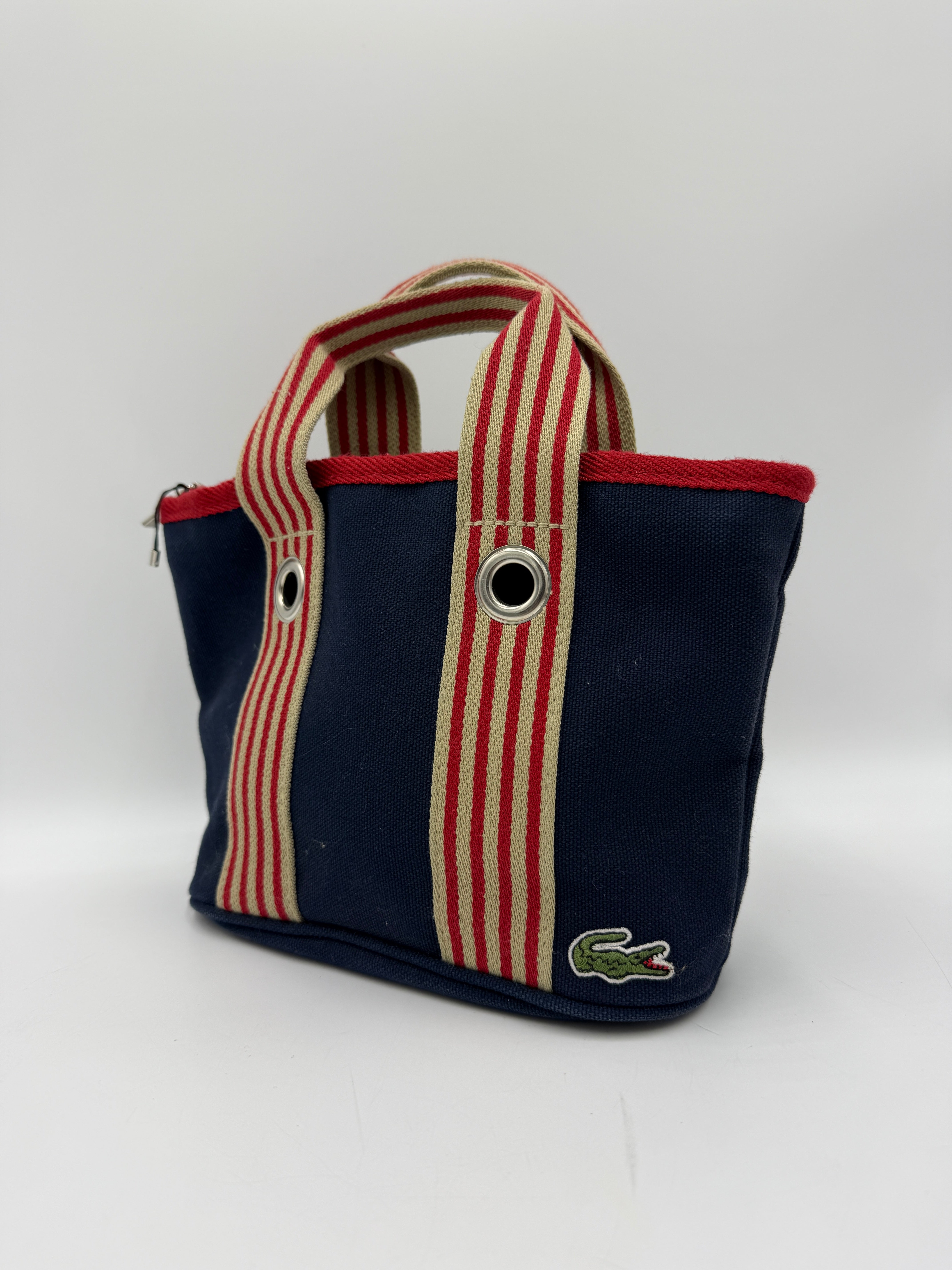 Borsa a Mano Lacoste Vintage in Tela Canvas Blu Navy e Righe Rosse