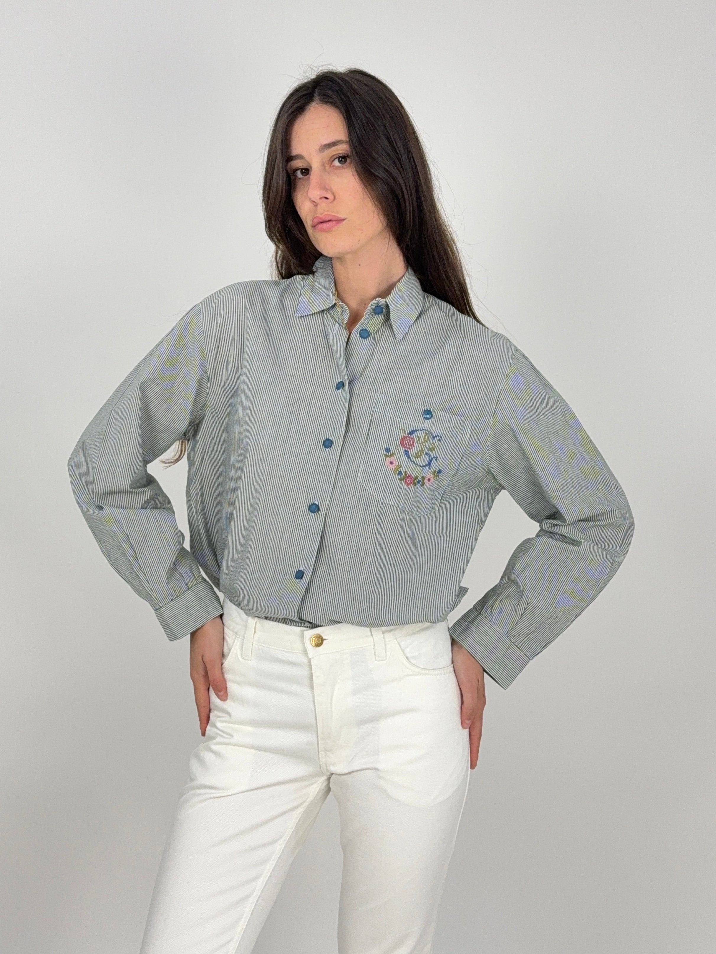 Camicia vintage in cotone a righe con ricami