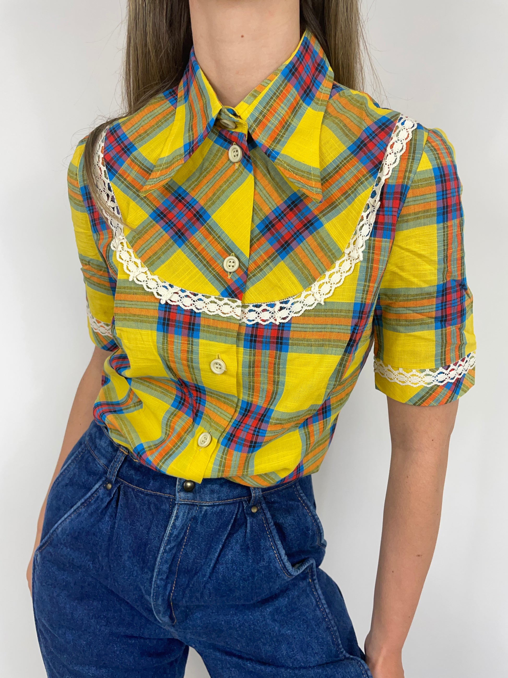 Camicia anni 70 cotone a quadri giallo da Donna - Fangovintage