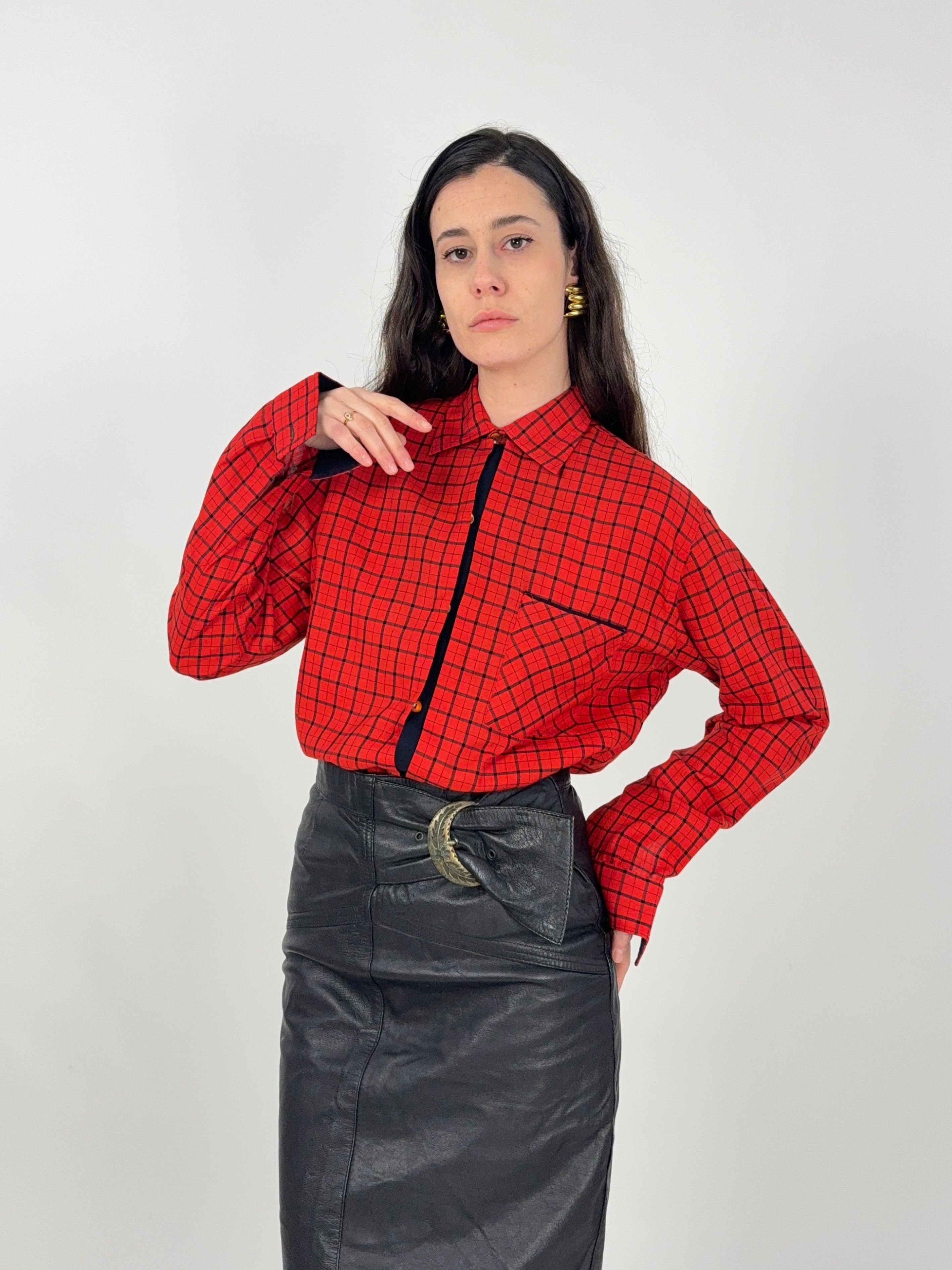 Camicia anni '70 in cotone a quadri rosso e nero
