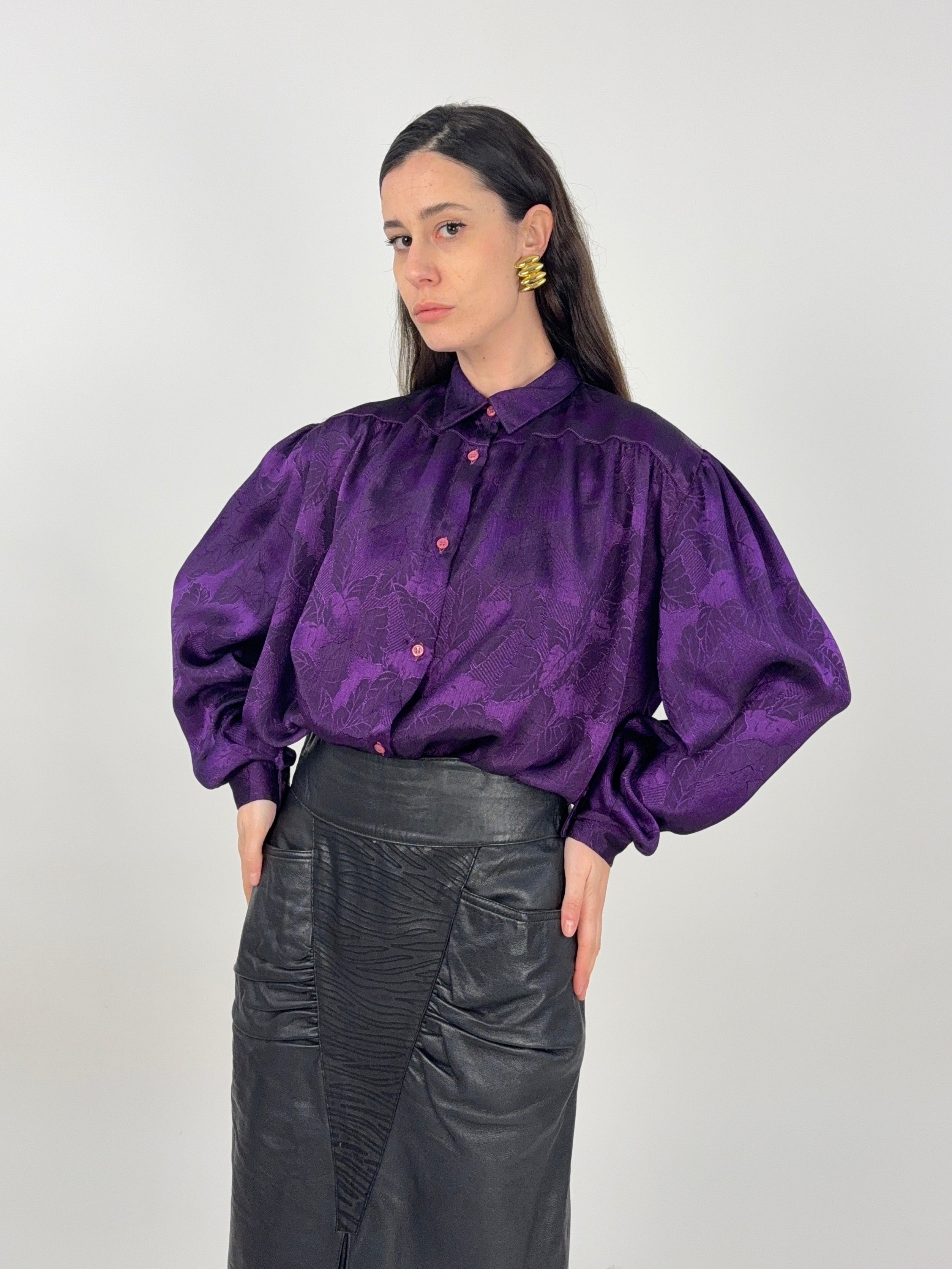 Camicia anni '80 Viola Jacquard con maniche balloon