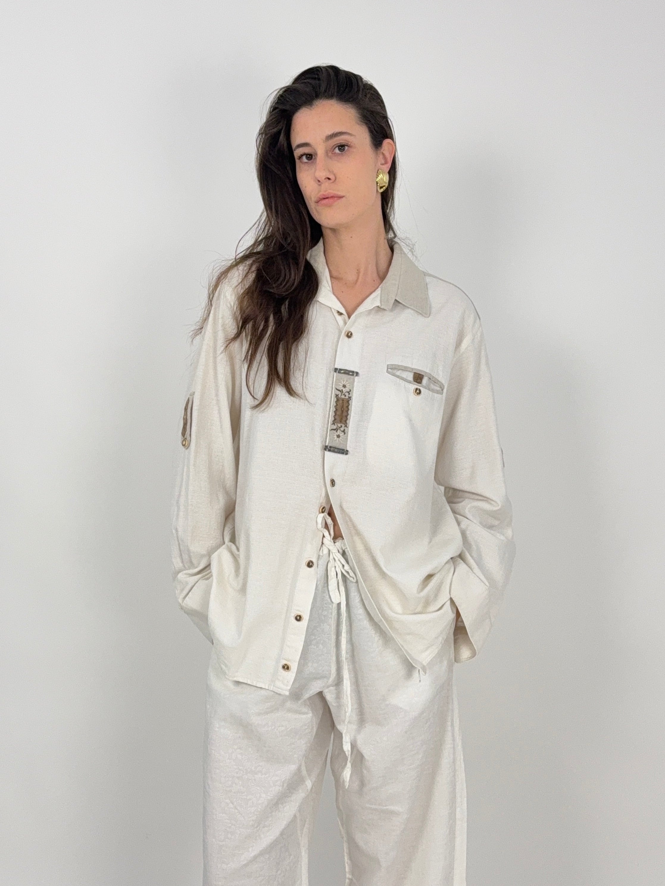 Camicia Trachten in cotone bianco