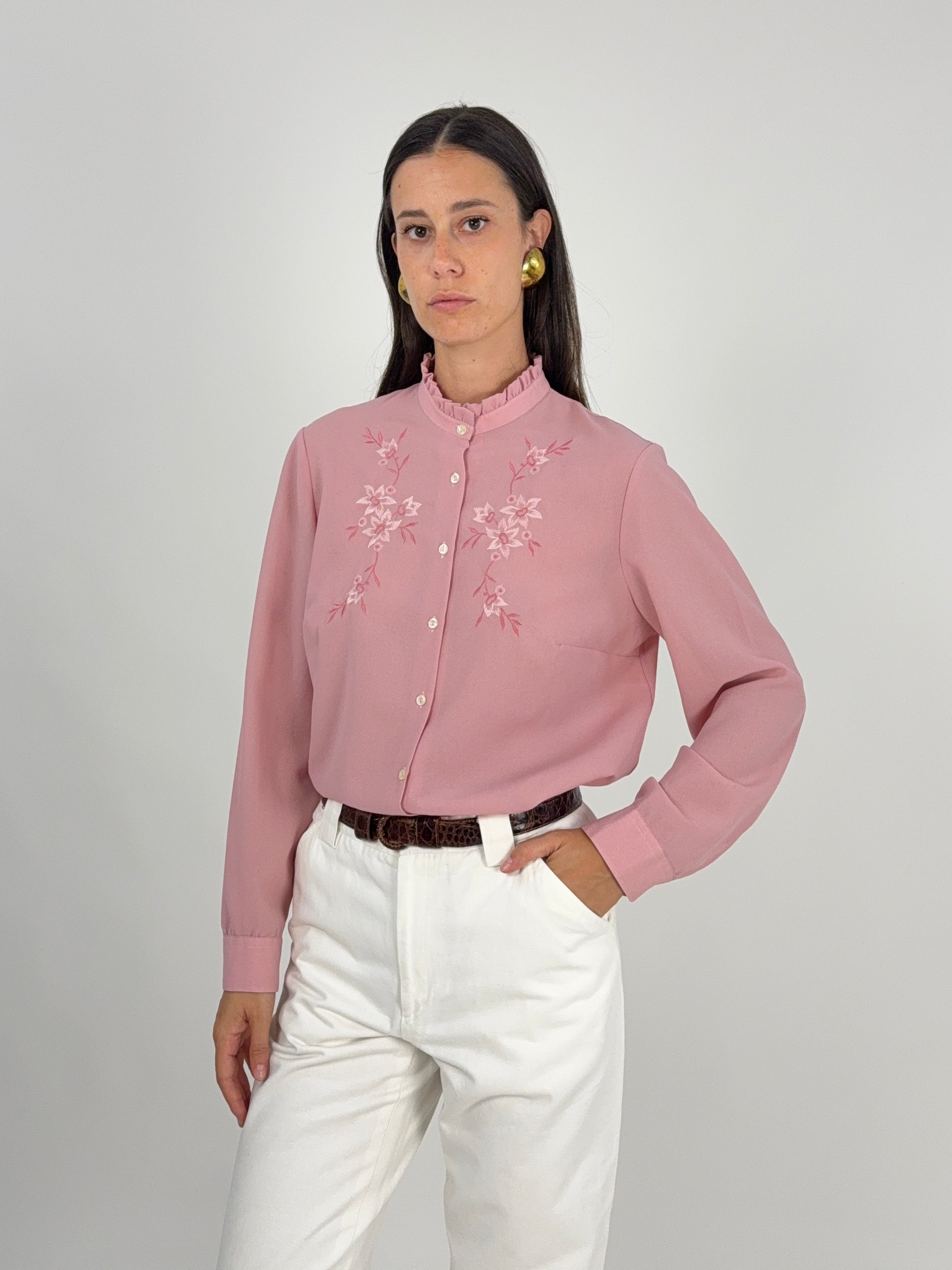 Camicia Rosa Anni '70 con Ricami Floreali