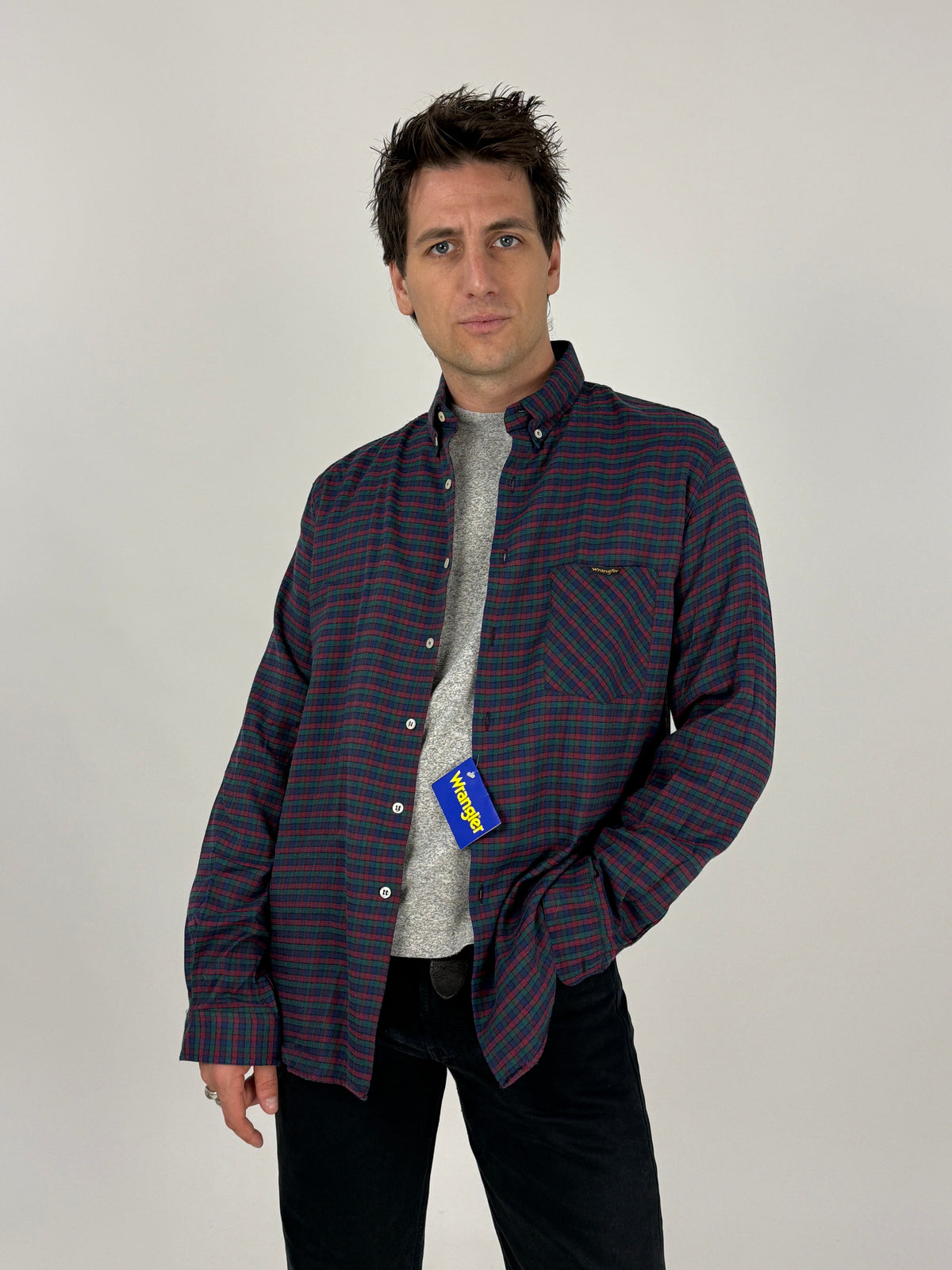 Wrangler camicia quadri button down deadstock vintage anni 80 - tre quarti aperta indossato taglia M
