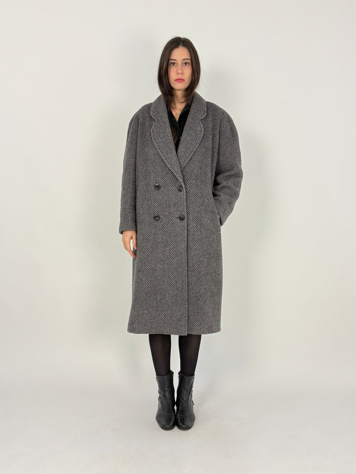 Cappotto Anni '80 Lana di Lama Spinato Grigio - Taglia L