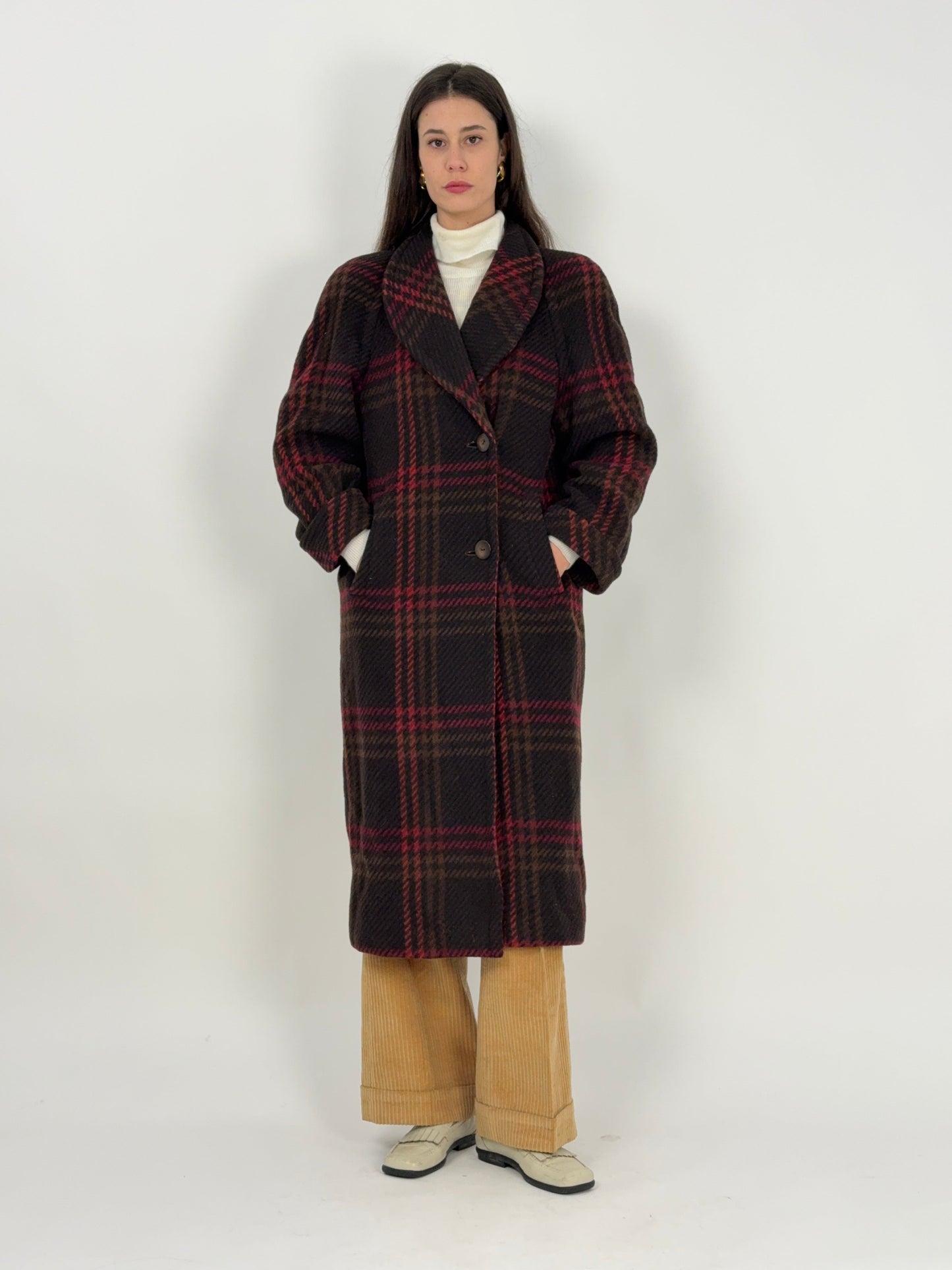 Cappotto lungo anni '70 in lana a quadri