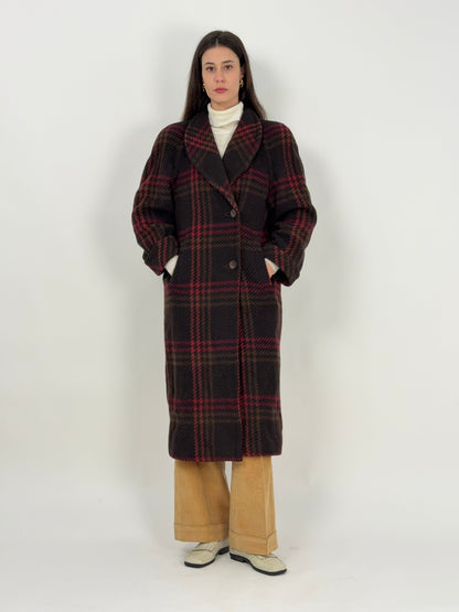 Cappotto lungo anni '70 in lana a quadri