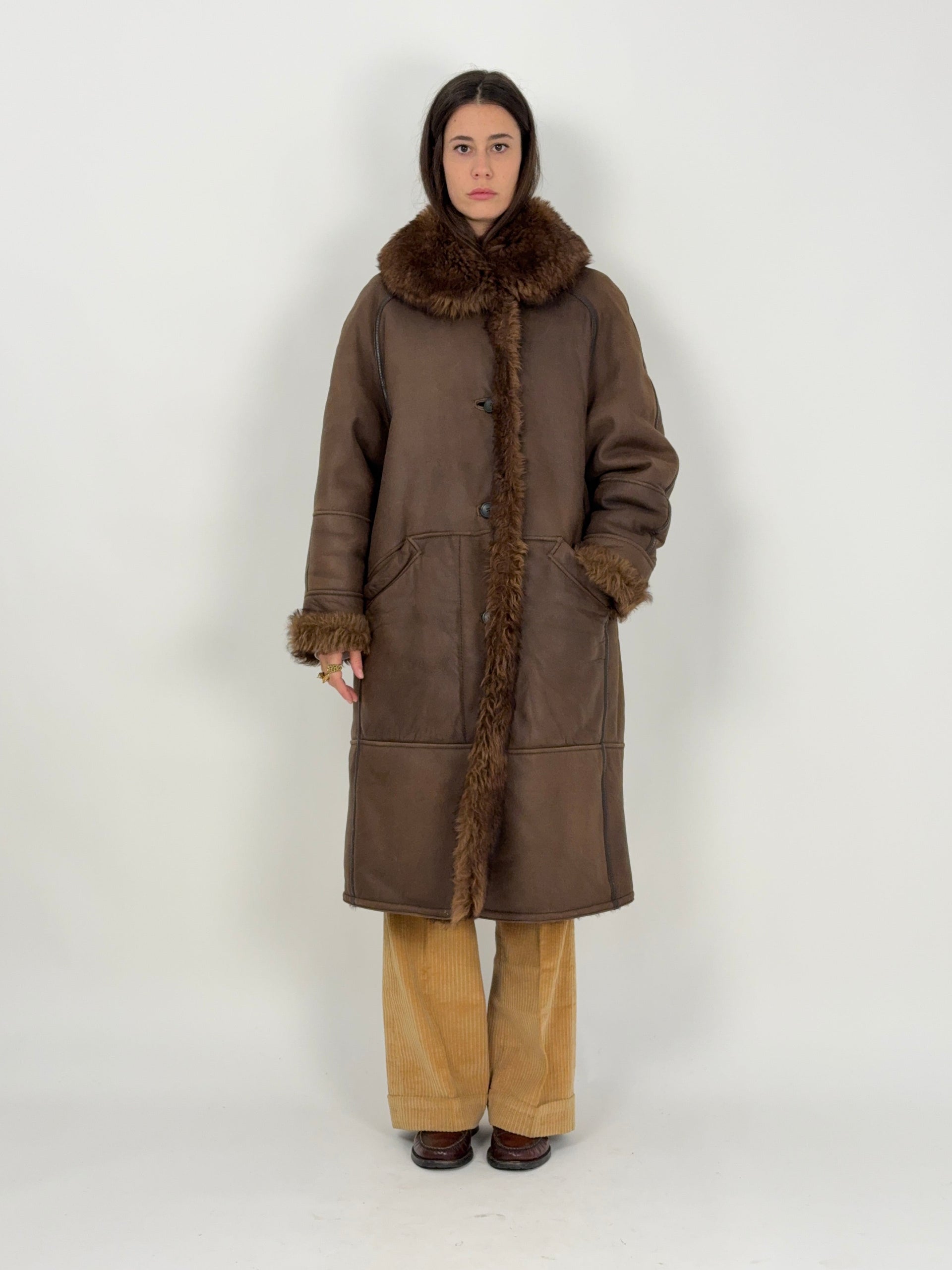 Cappotto shearling lungo vintage L Marrone Vera pelle