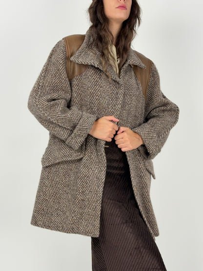 Cappotto vintage in lana spigata con inserti in pelle