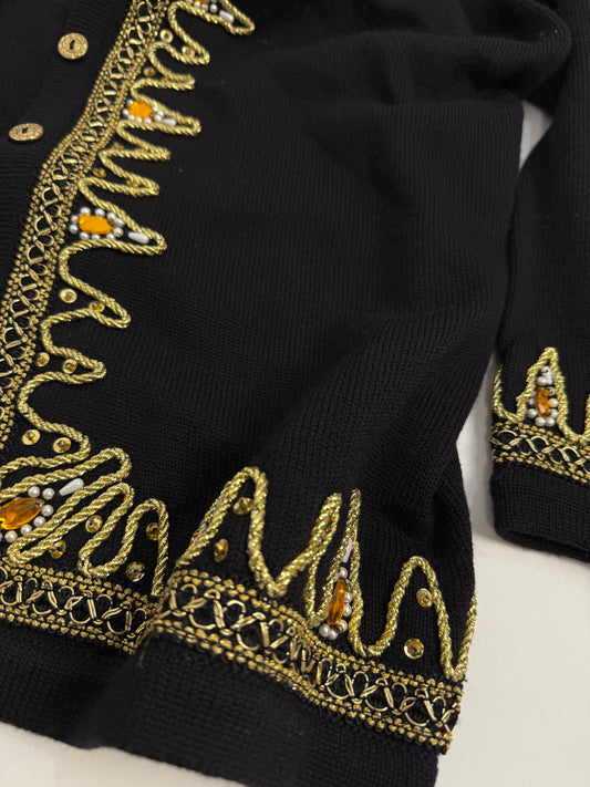Cardigan anni '80 ricamato a mano con dettagli dorati e perline