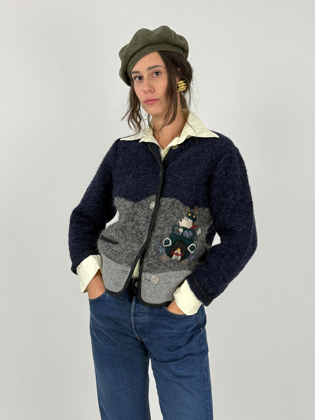 Giesswein Janker lana boiled bicolore navy grigio vintage anni 90 - retro indossato, tessuto navy spalle manica, pannello grigio melange fondo, lunghezza cm 60, taglia XS/S donna