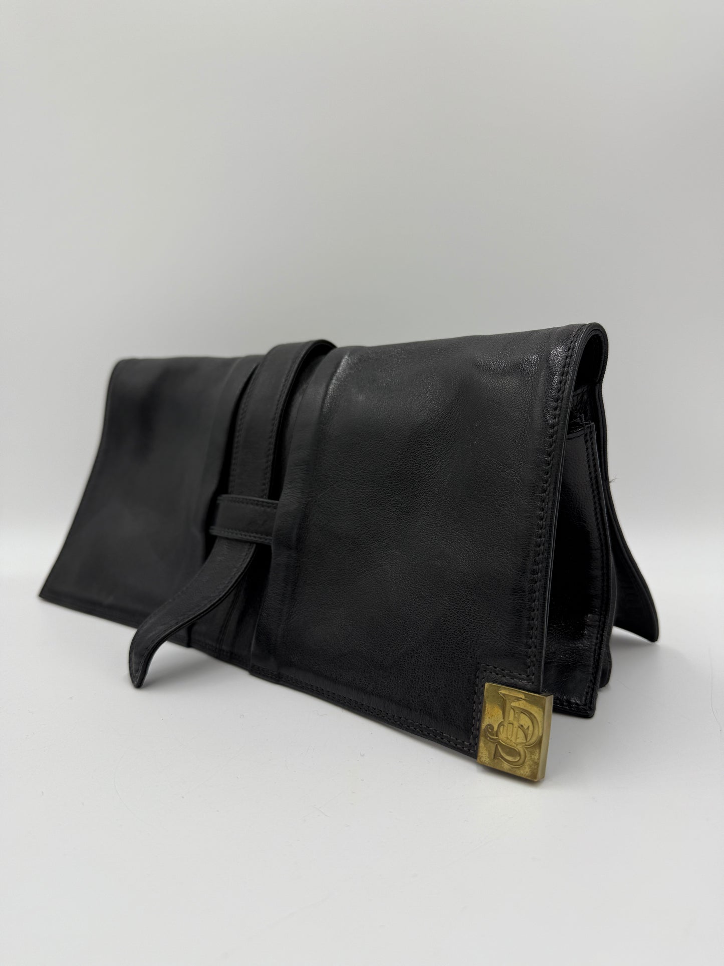 Clutch in pelle nera Jardin des Sacs anni '80
