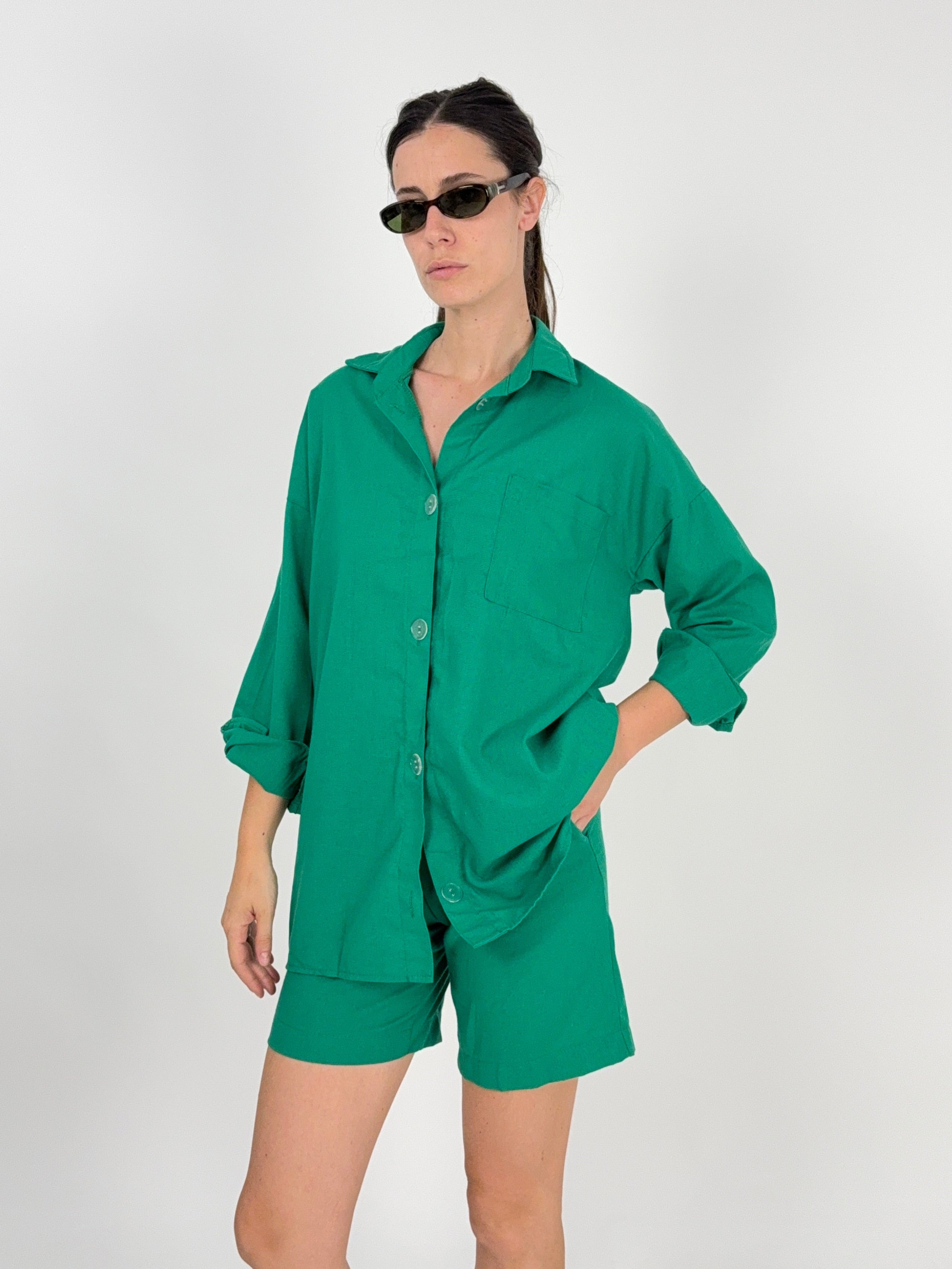 Completo Camicia Over e Bermuda Misto Cotone Verde Anni '90