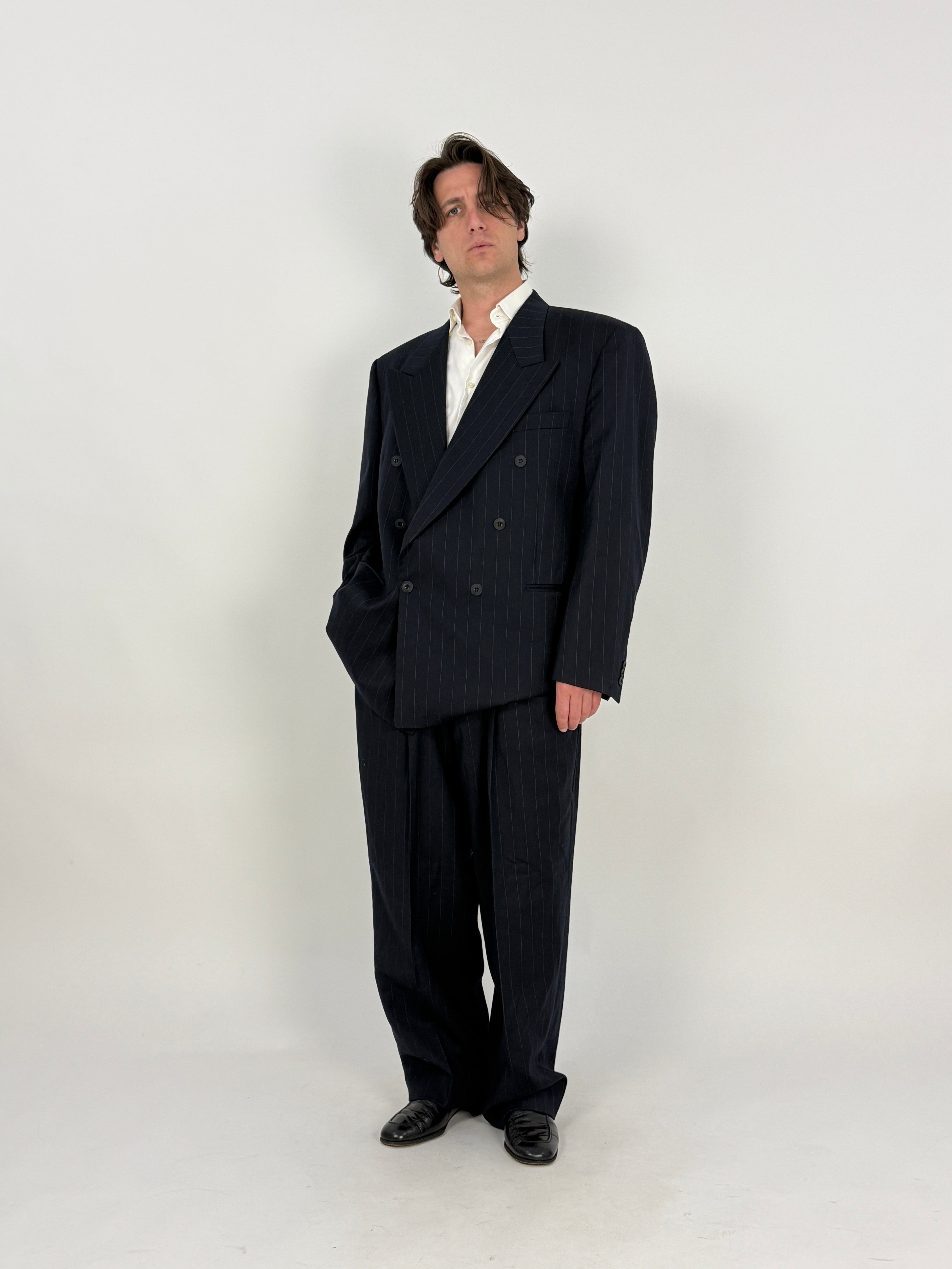 Completo gessato in lana - blu notte
