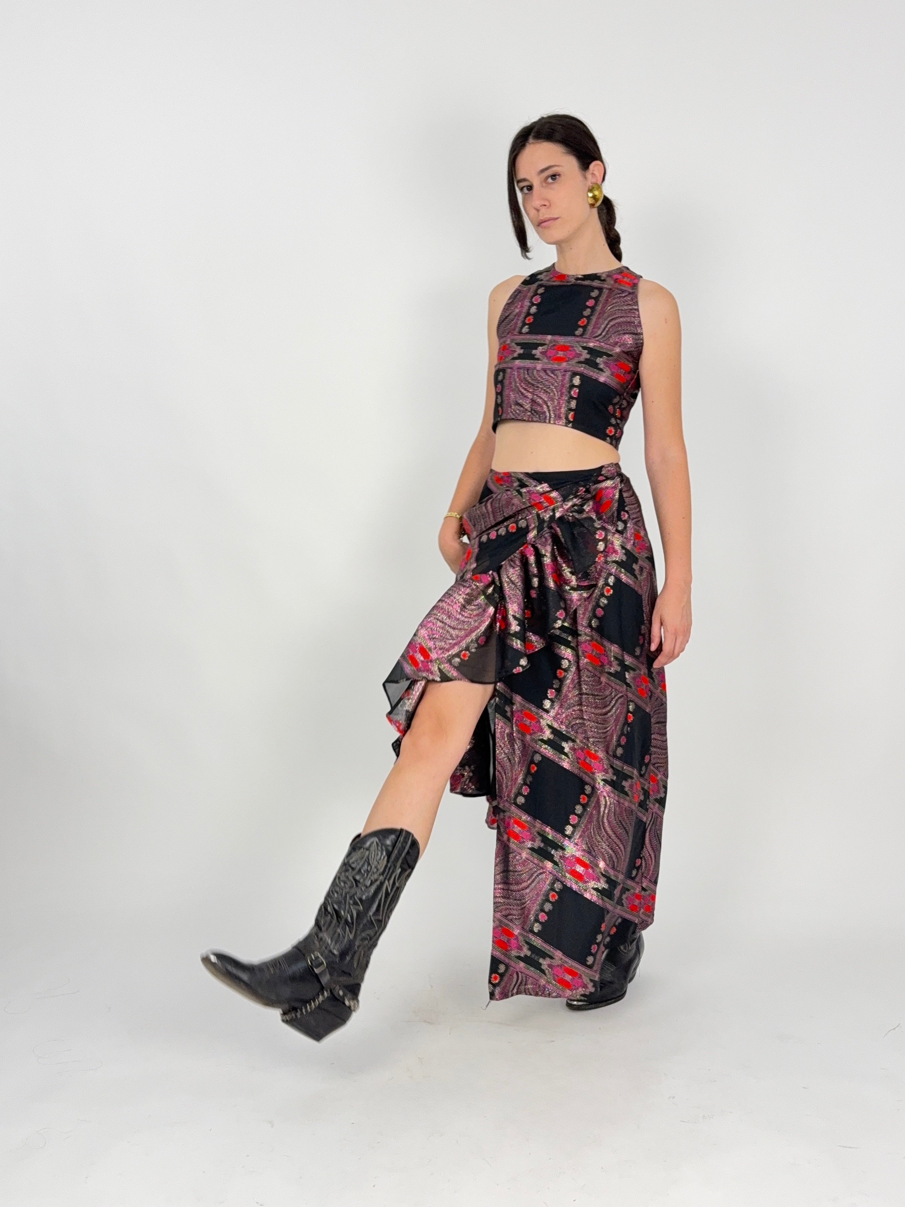 Completo Vintage Organza di Seta Gilet Crop e Gonna Lunga Portafoglio - Taglia M