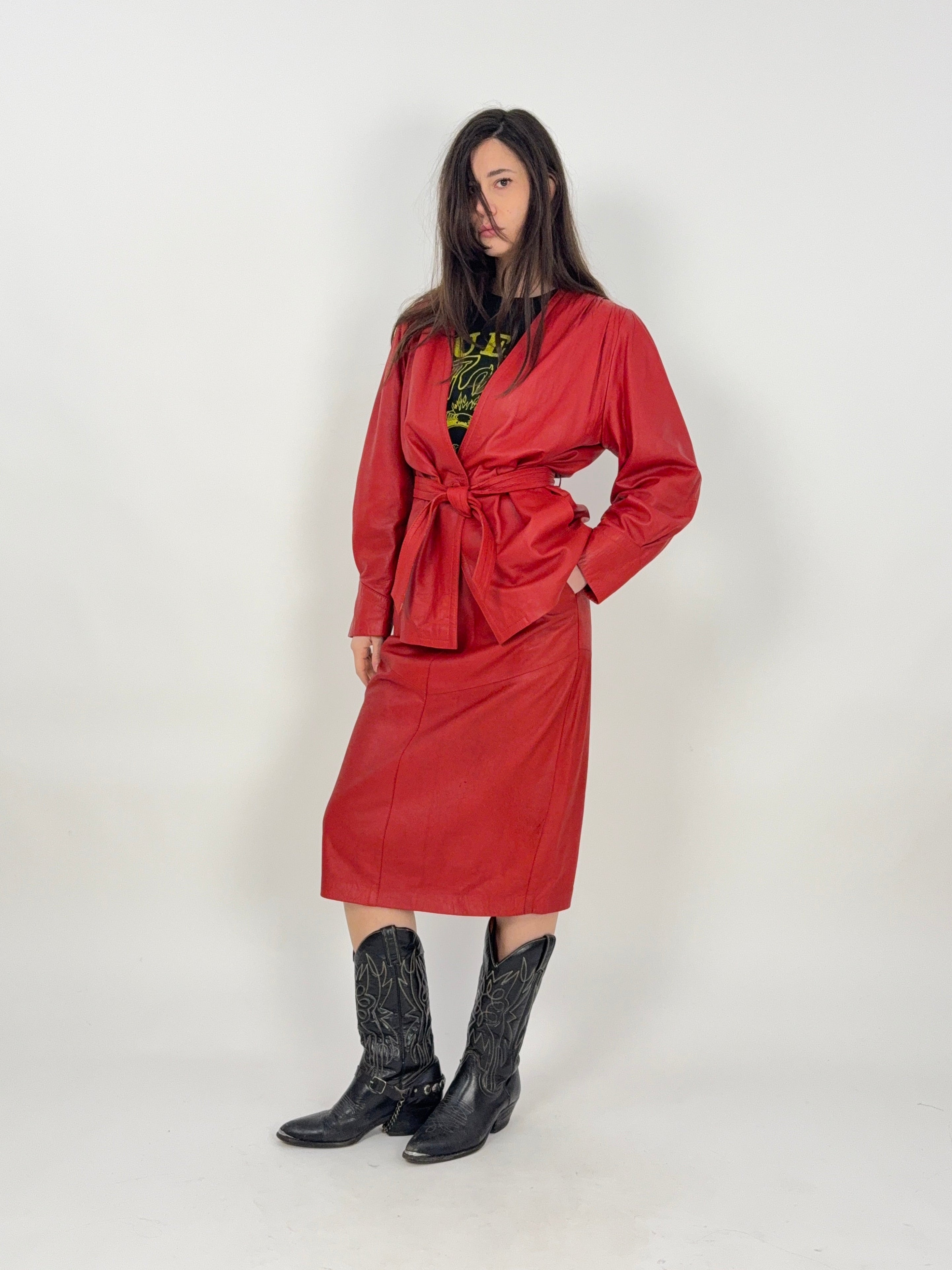 Completo anni '80 - Giacca e Gonna in Vera Pelle Rossa - Set Coordinato