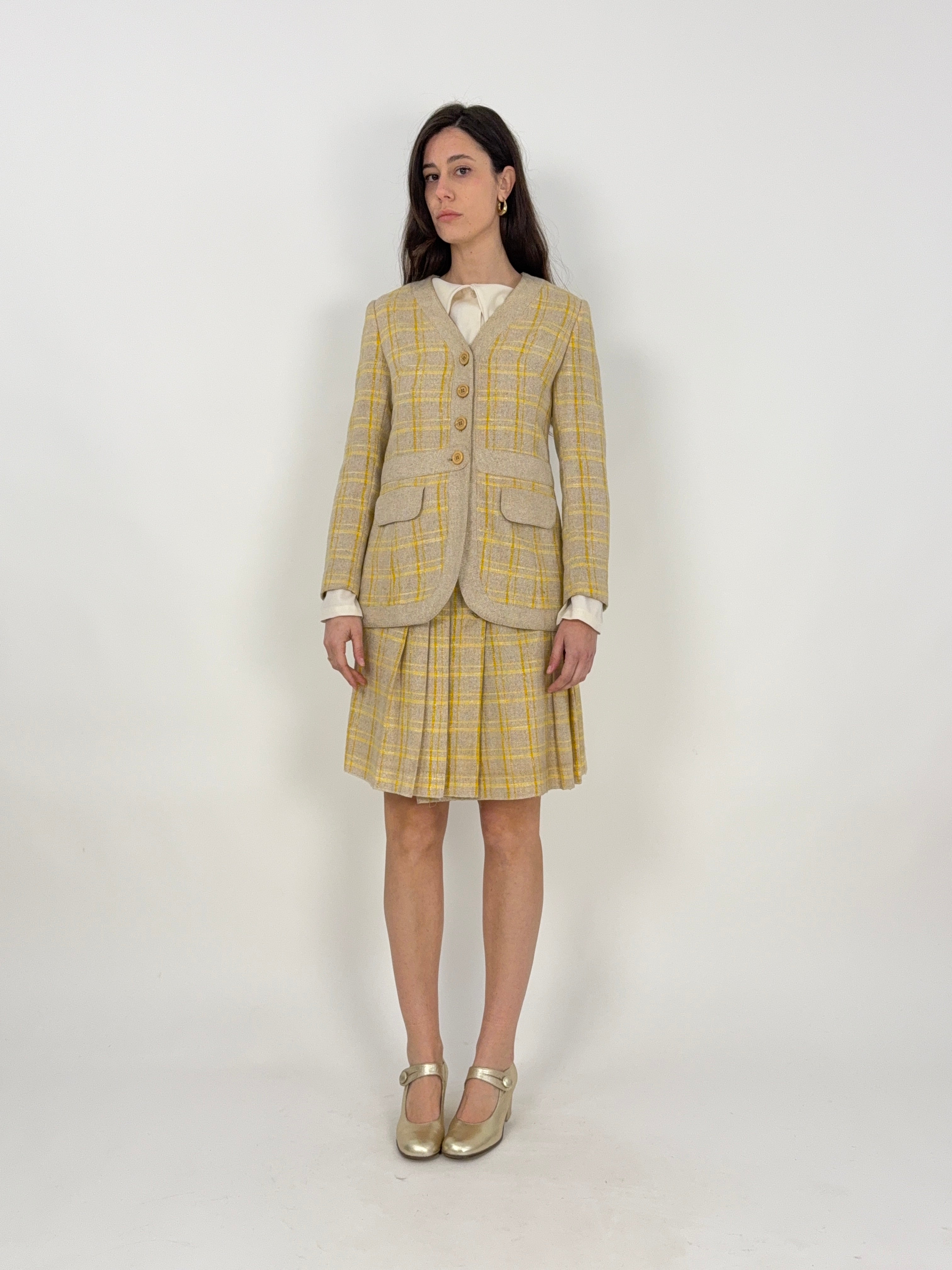 Completo sartoriale anni '70 in canapa - Giacca e gonna a pieghe