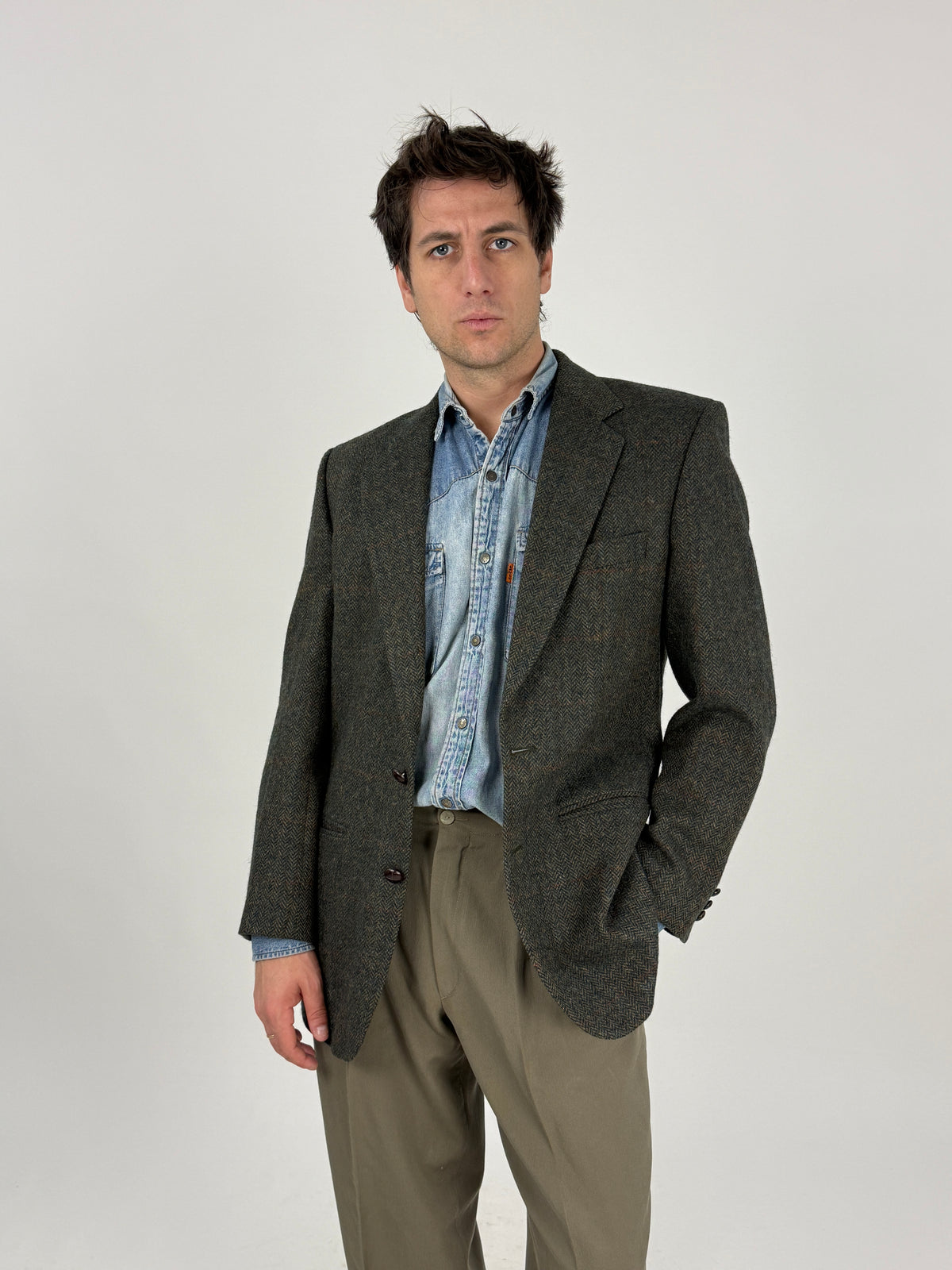 Giacca Marks & Spencer vintage in lana a spina di pesce verde, vista frontale