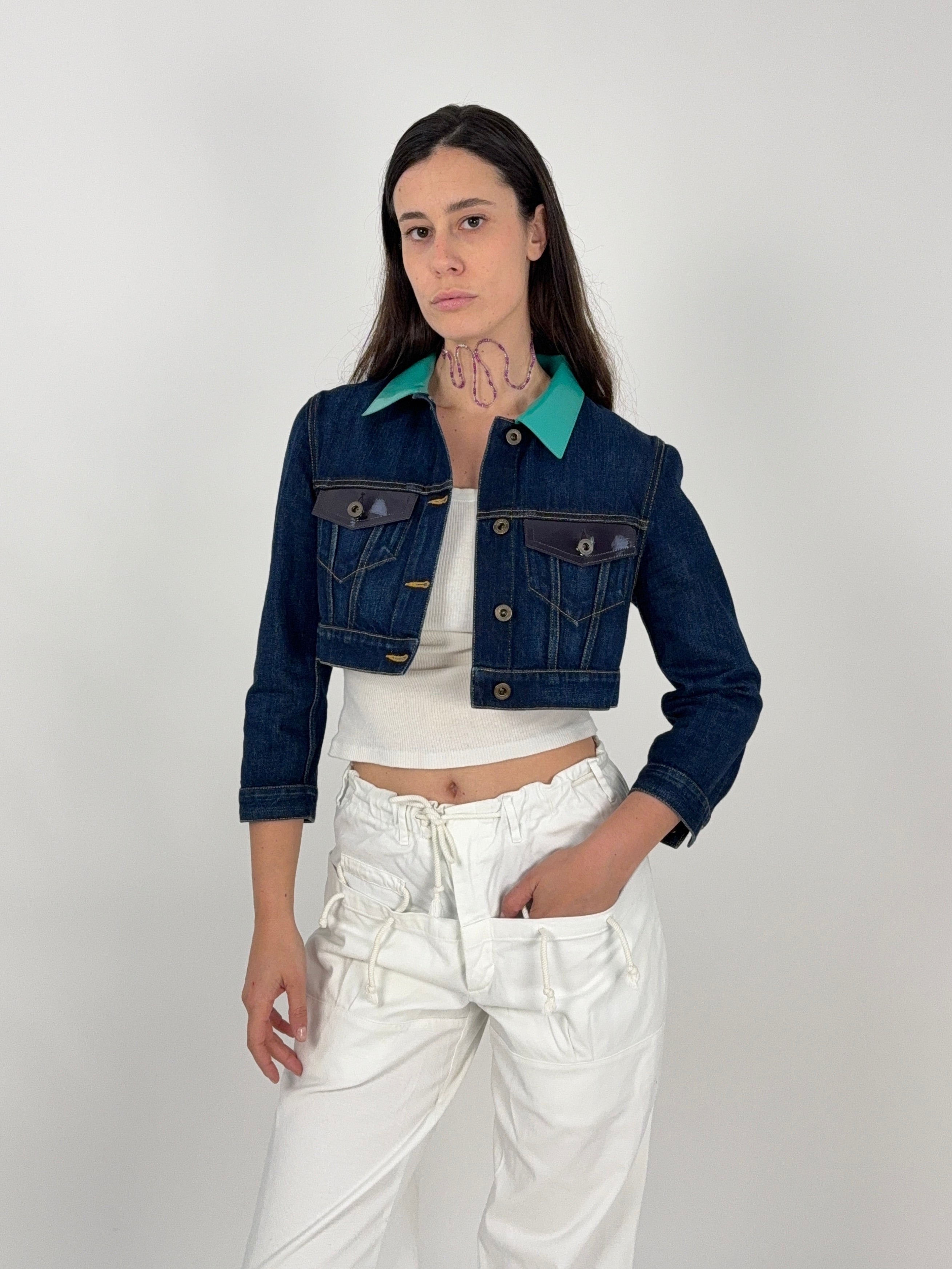 Giacca di Jeans Cropped Burberry Prorsum - con Colletto in Vernice Tiffany