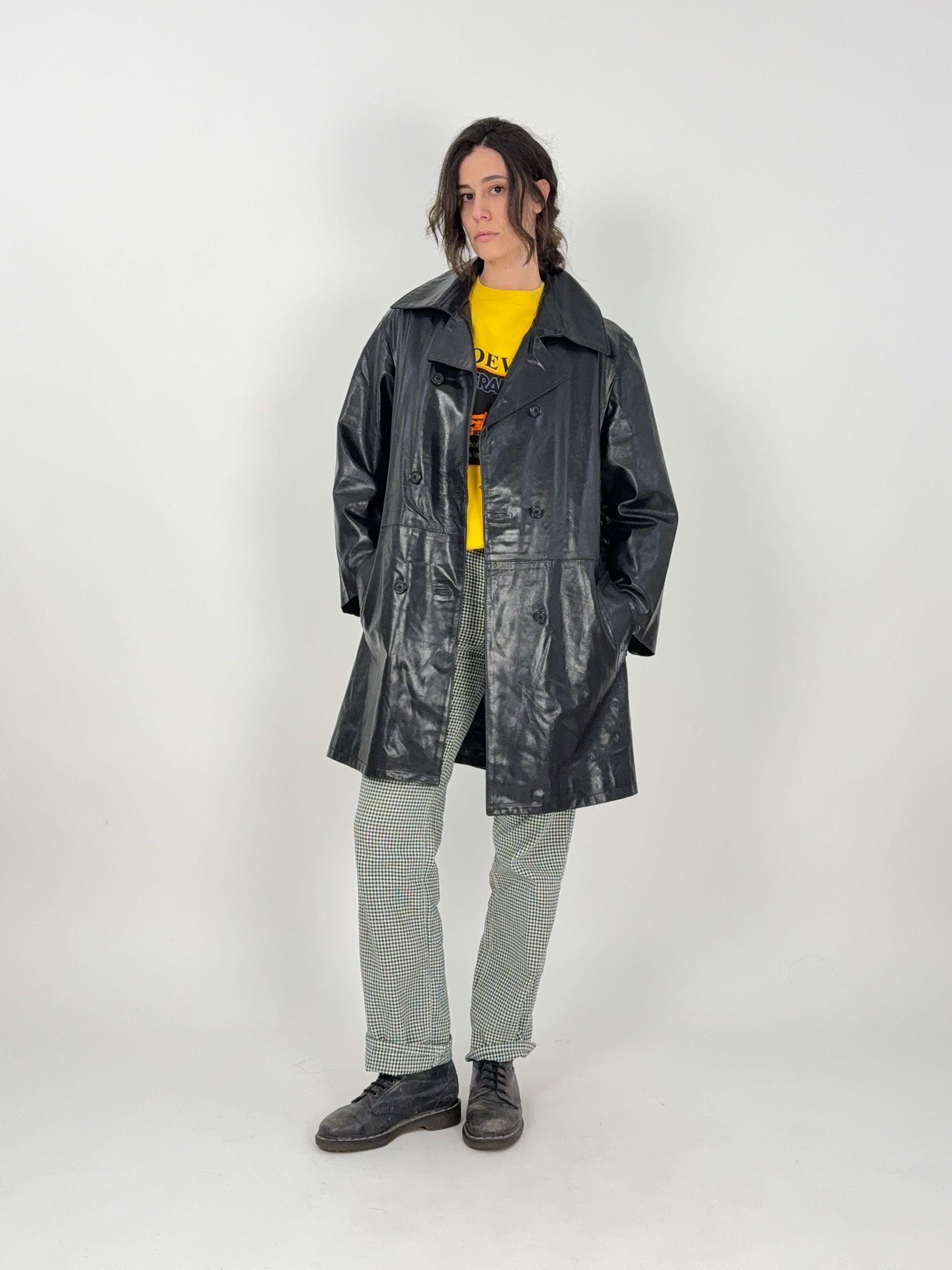 Giacca lunga in pelle nera primi anni '80