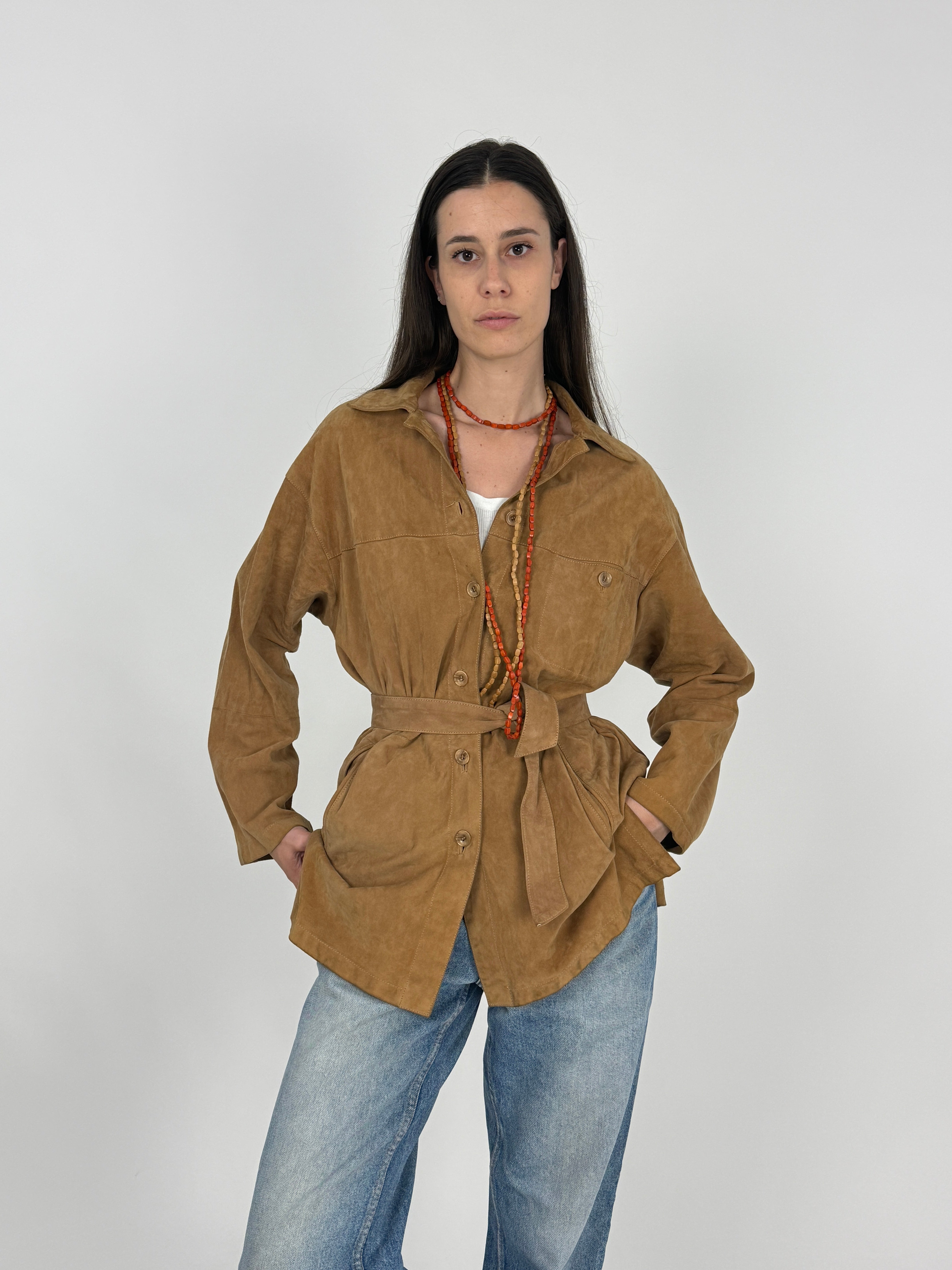 Giacca Vintage Camoscio Naturale con Cintura - Taglia L