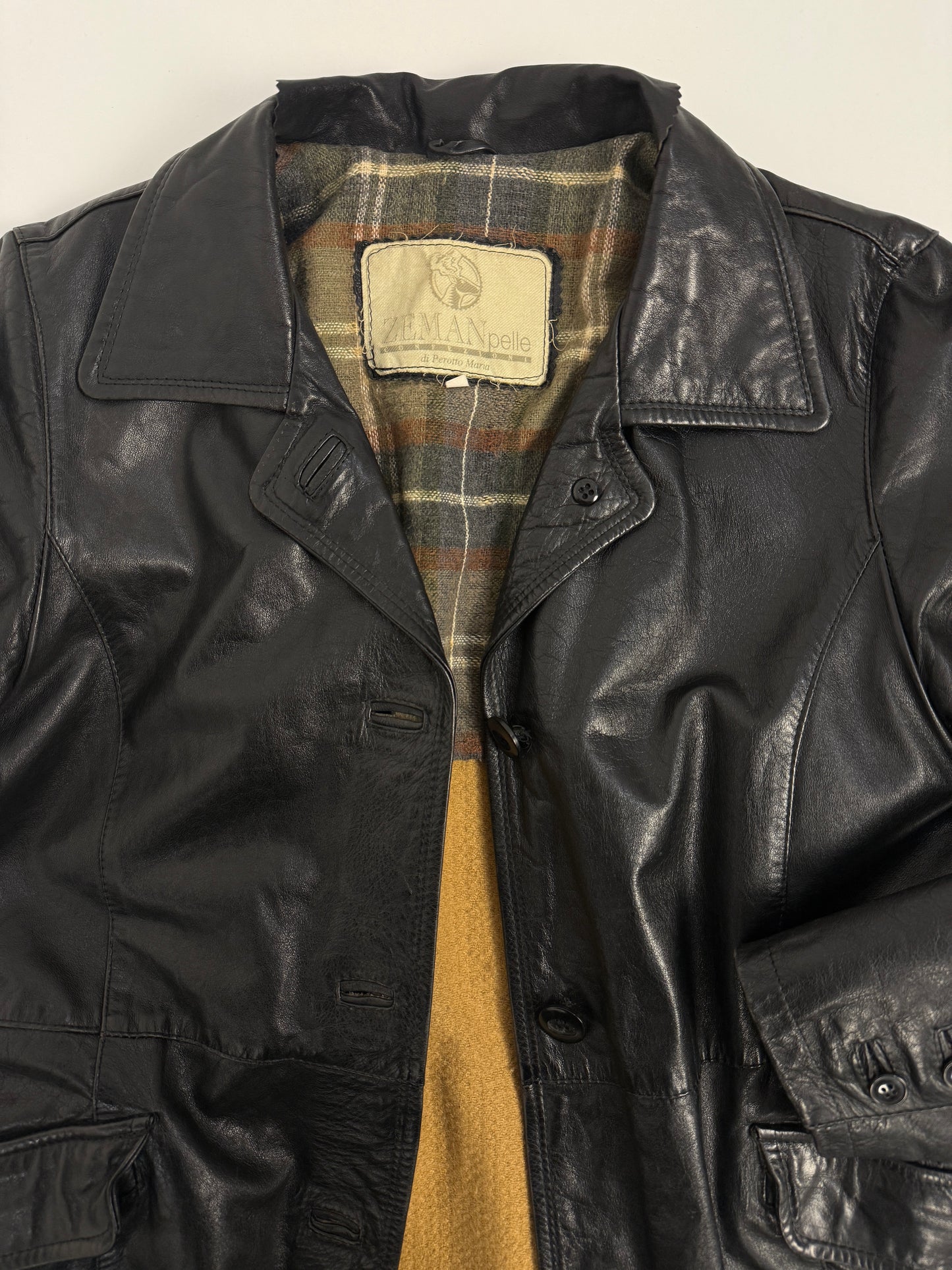 Giacca Zelman in pelle con fodera tartan anni ’70