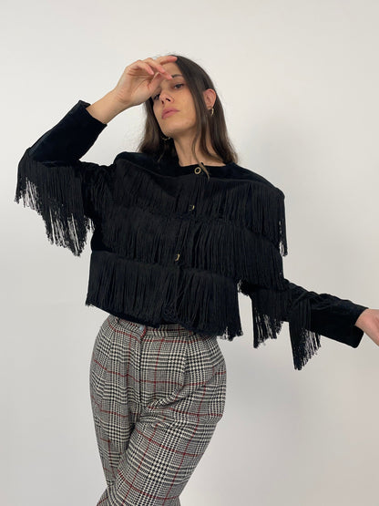 Giacca cropped con frange in velluto