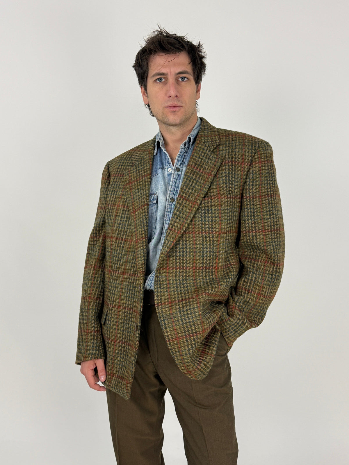 Giacca vintage da uomo in Donegal Tweed verde, dettaglio del tessuto