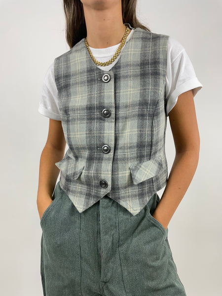 Gilet tartan in lana con frange da Donna - Fangovintage