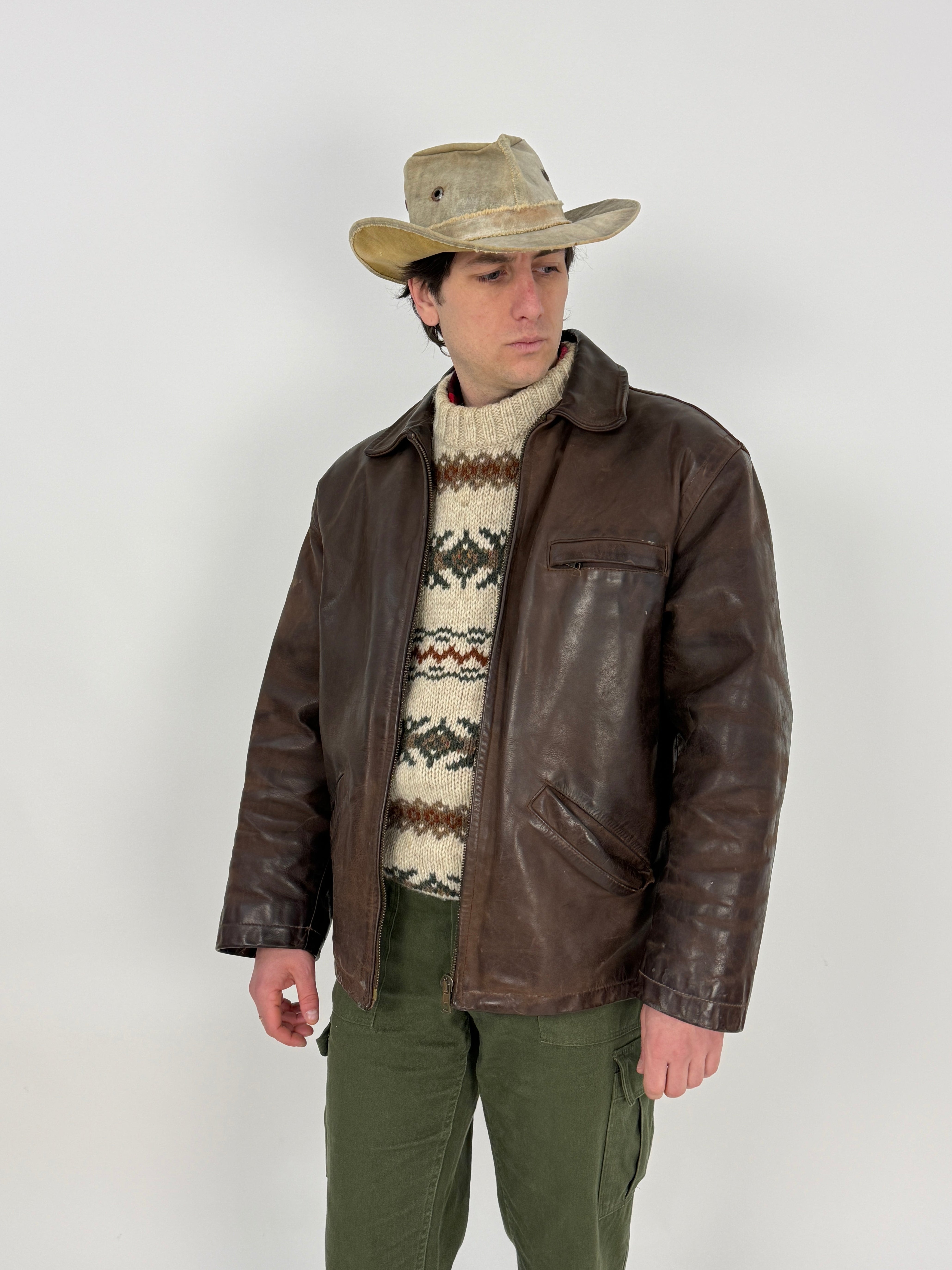 Giacca in Pelle Vintage interno trapuntato - taglia L