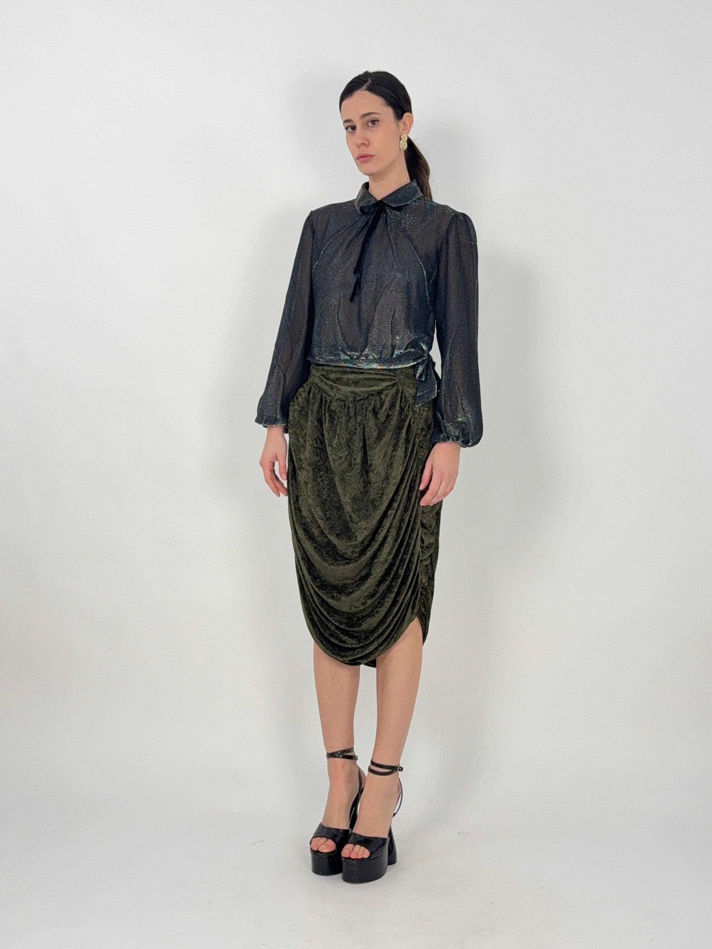 Gonna vintage in velluto verde drappeggiata