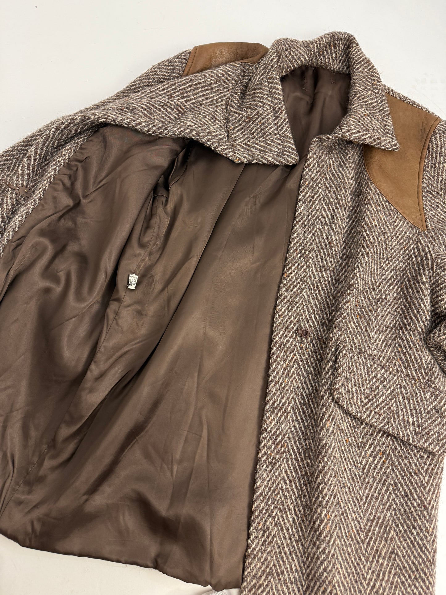 Cappotto vintage in lana spigata con inserti in pelle