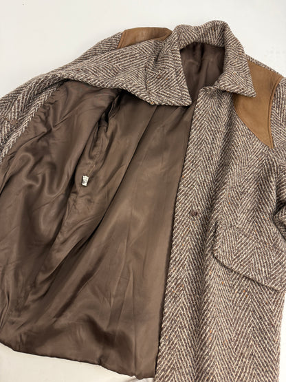 Cappotto vintage in lana spigata con inserti in pelle